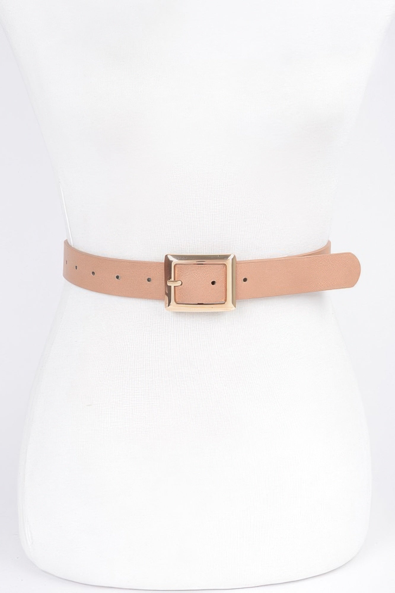 Camel faux leather belt with square buckle and gold-tone frame, one prong