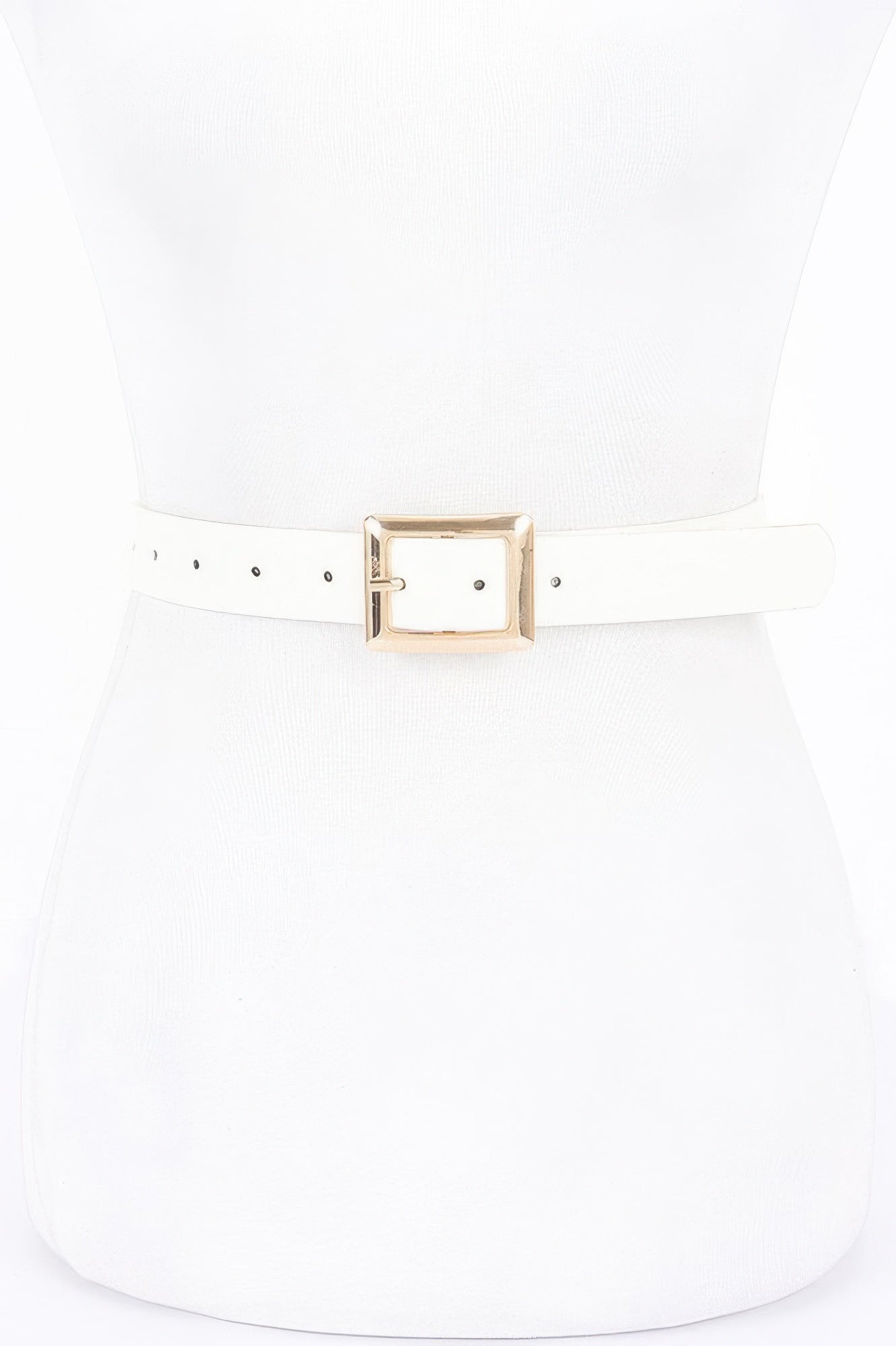 White faux leather belt with square buckle and gold-tone frame, single prong