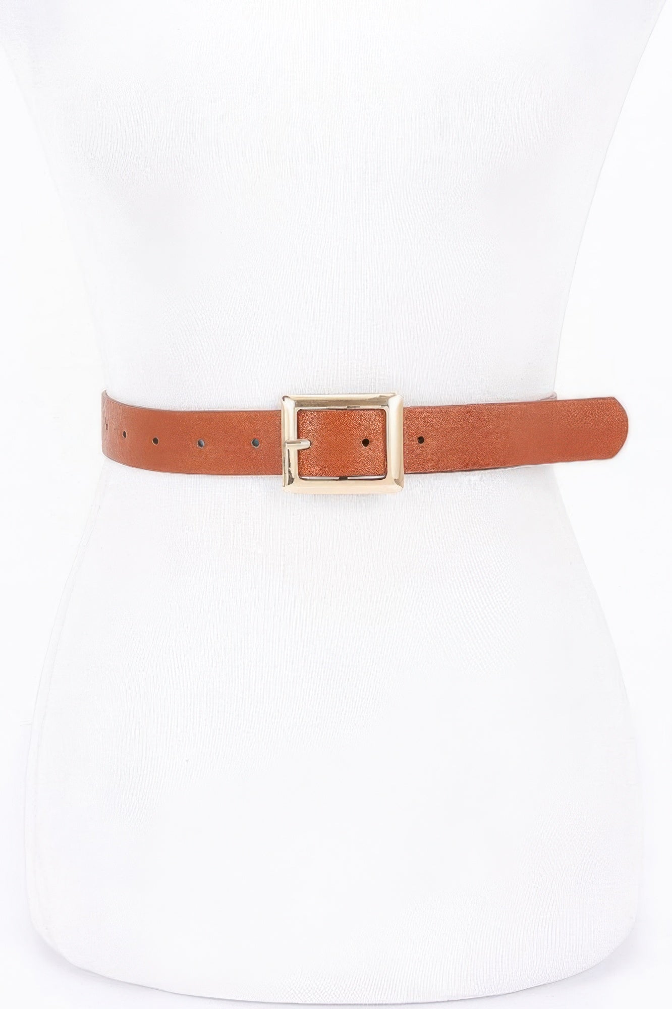 Brown faux leather belt with square buckle and gold-tone frame, stitched strap