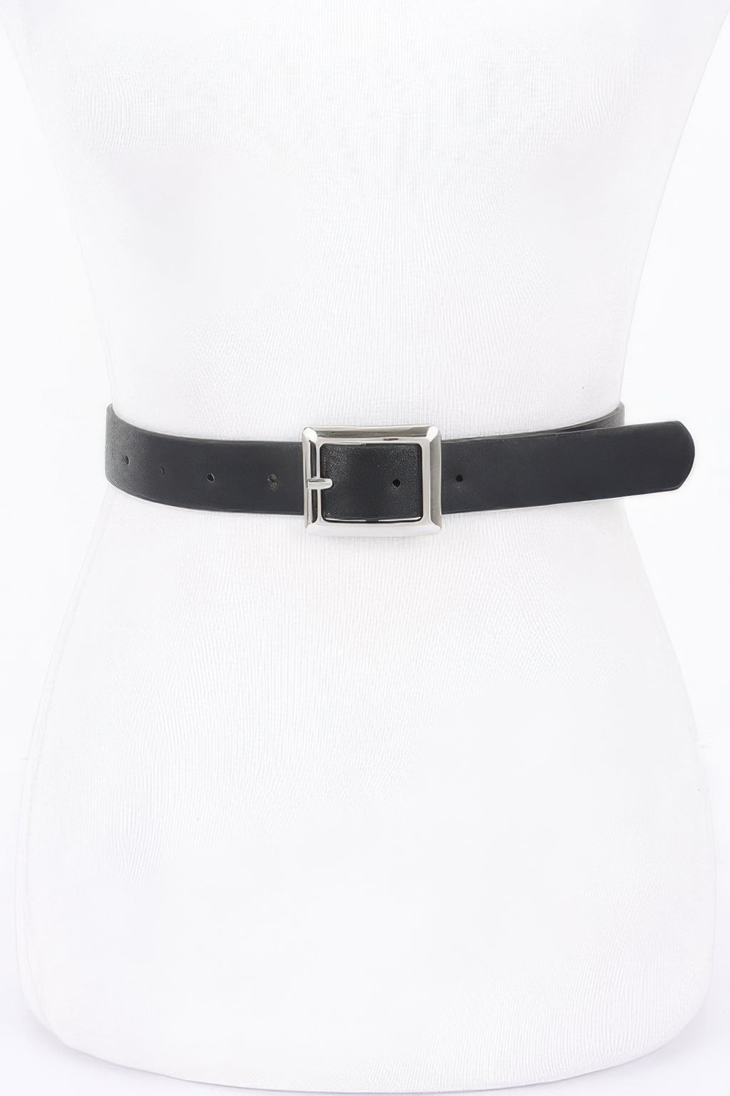 Black faux leather belt with square buckle and silver-tone frame, single prong