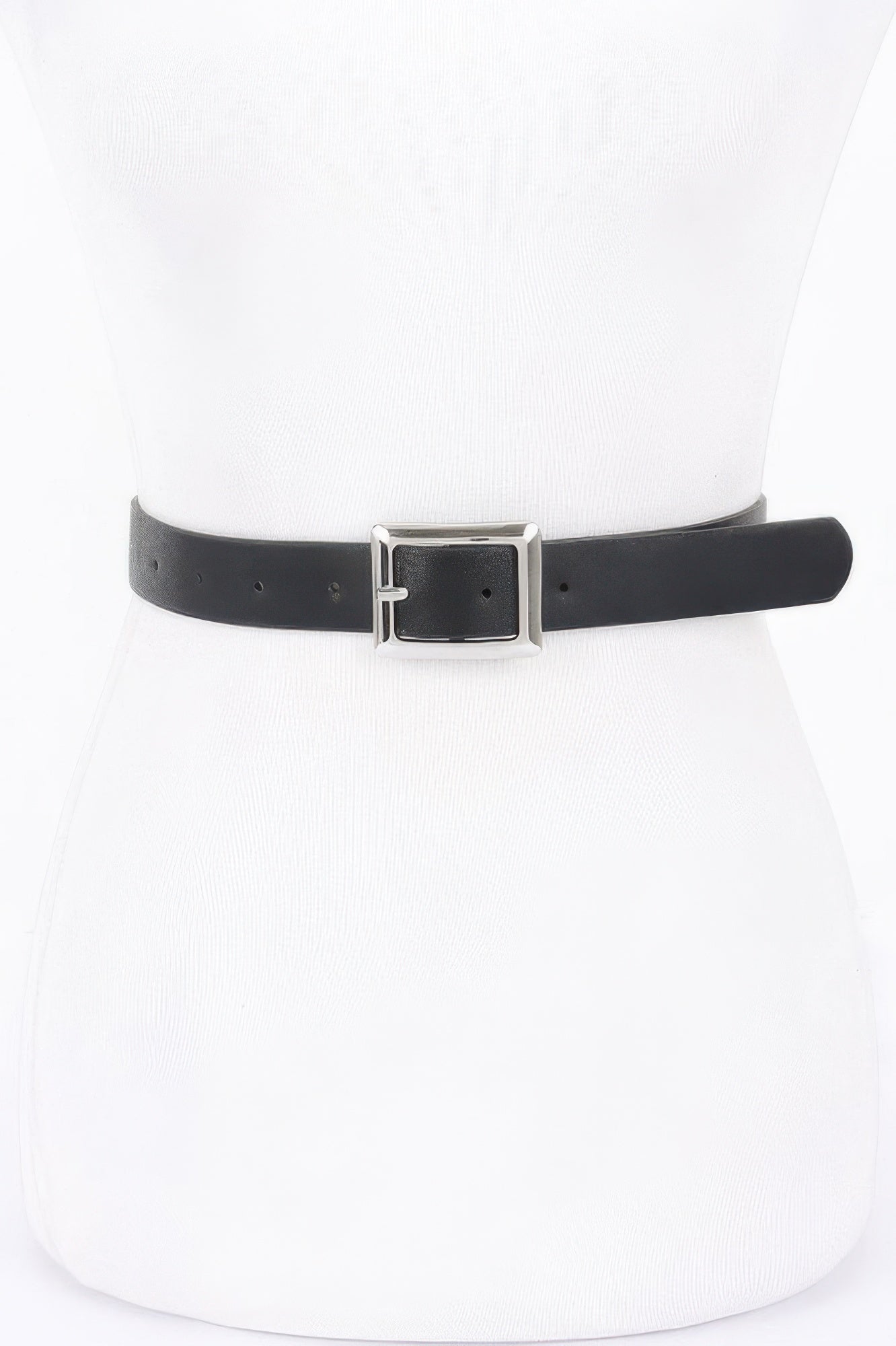 Black faux leather belt with square buckle and silver-tone frame, single prong