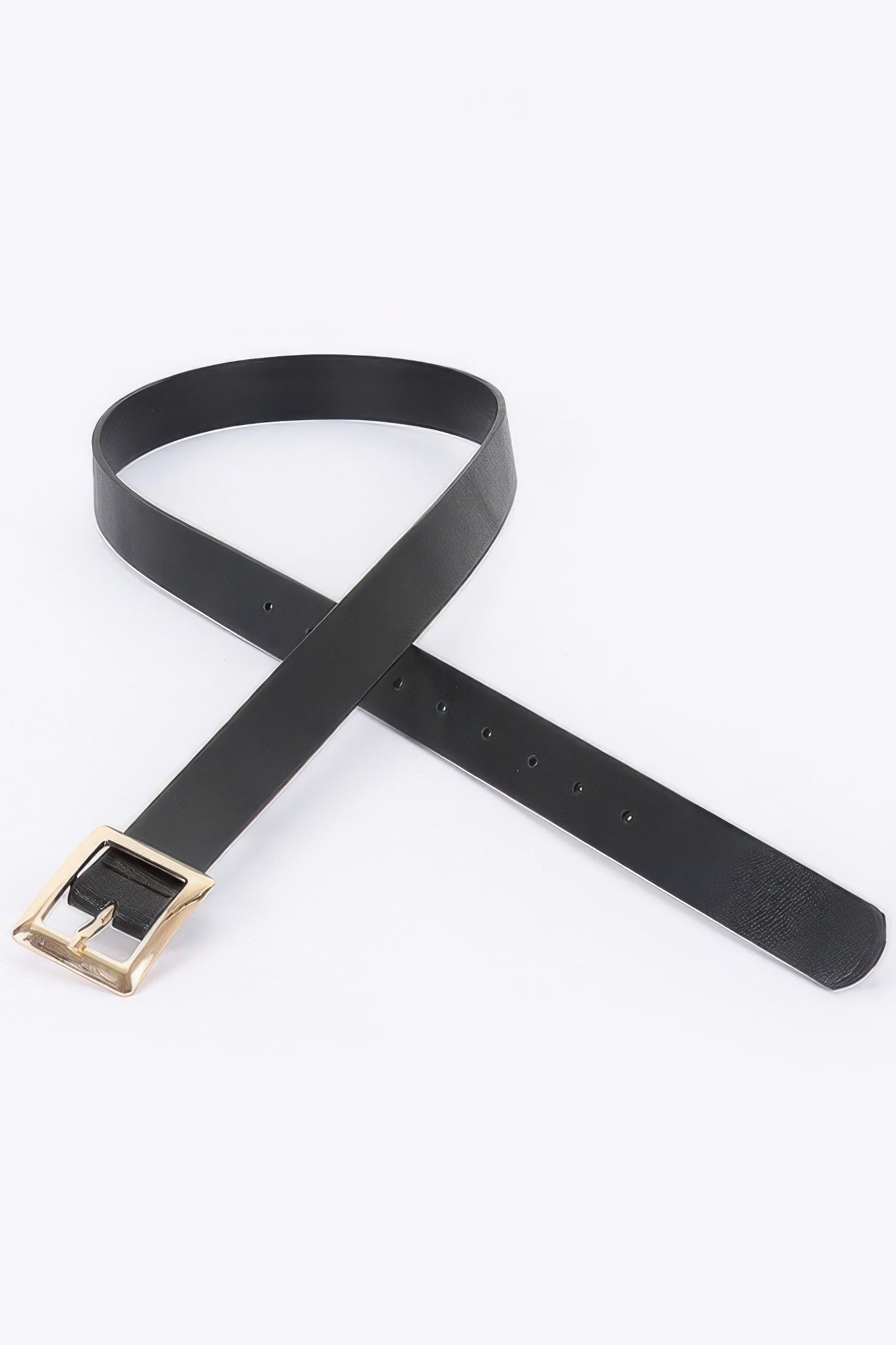 Black faux leather belt with square buckle, gold-tone frame, adjustable holes