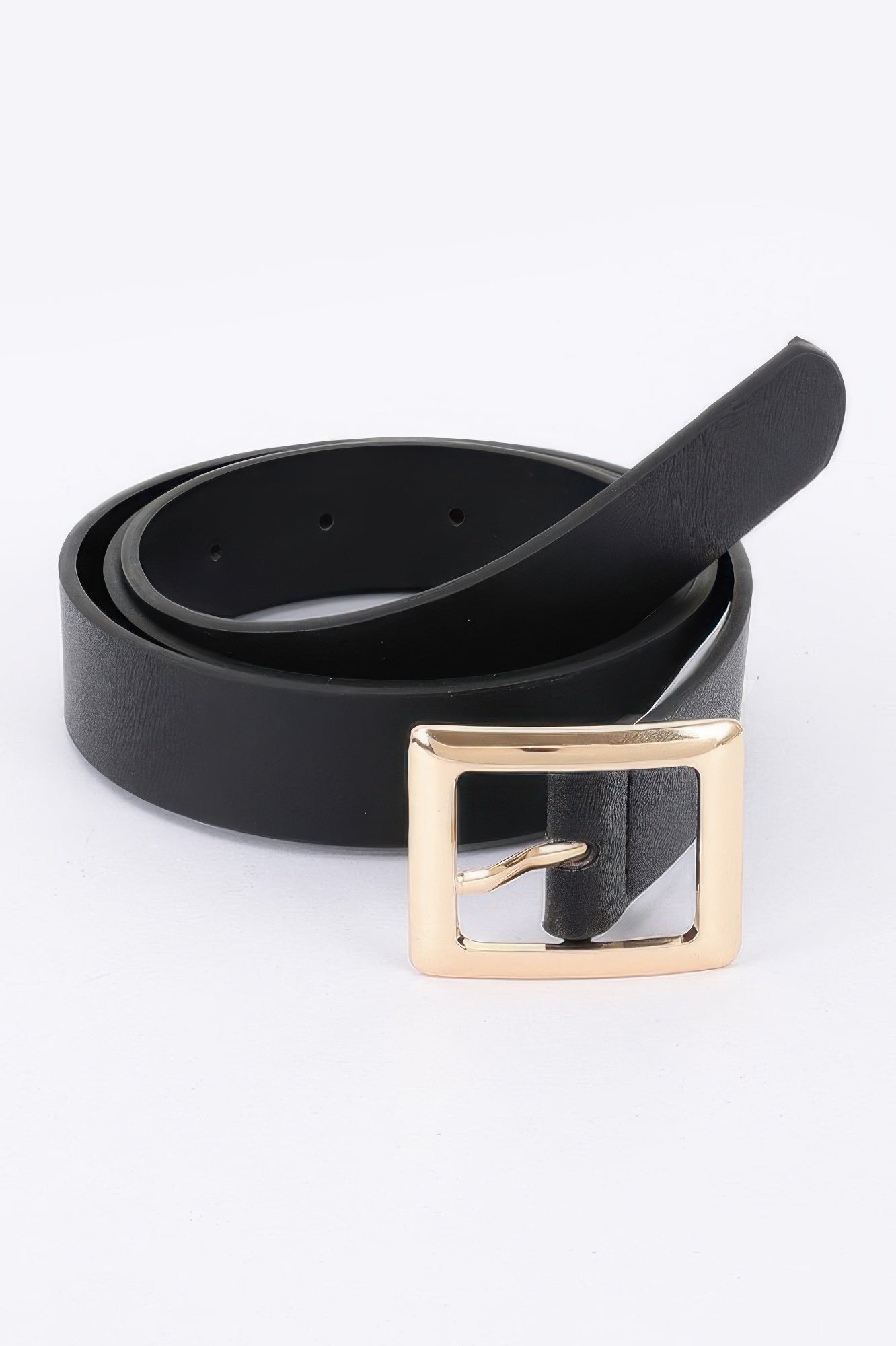 Black faux leather belt with square buckle and gold-tone frame, close-up view