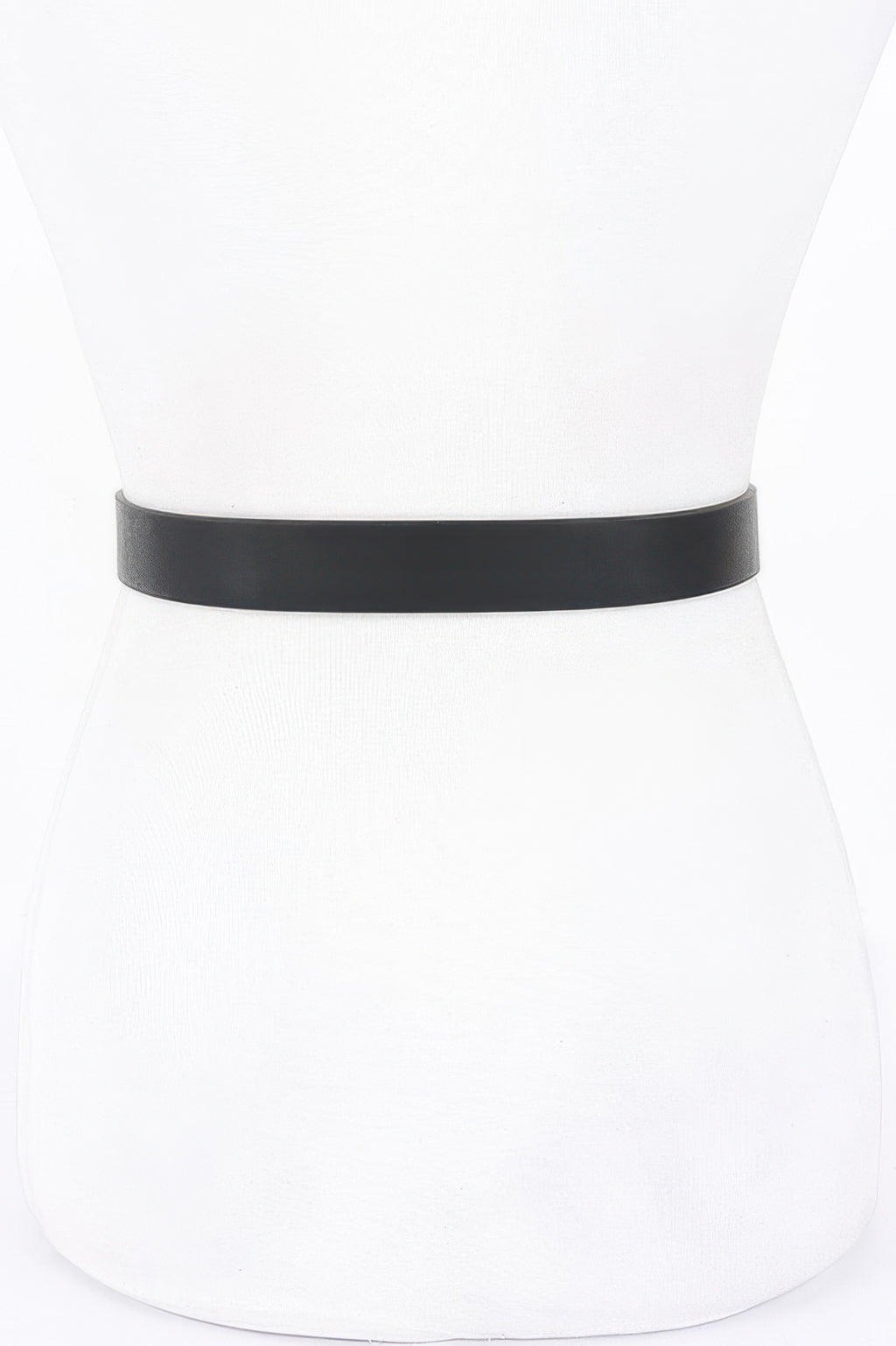 Black faux leather belt strap with punched adjustment holes, no buckle shown