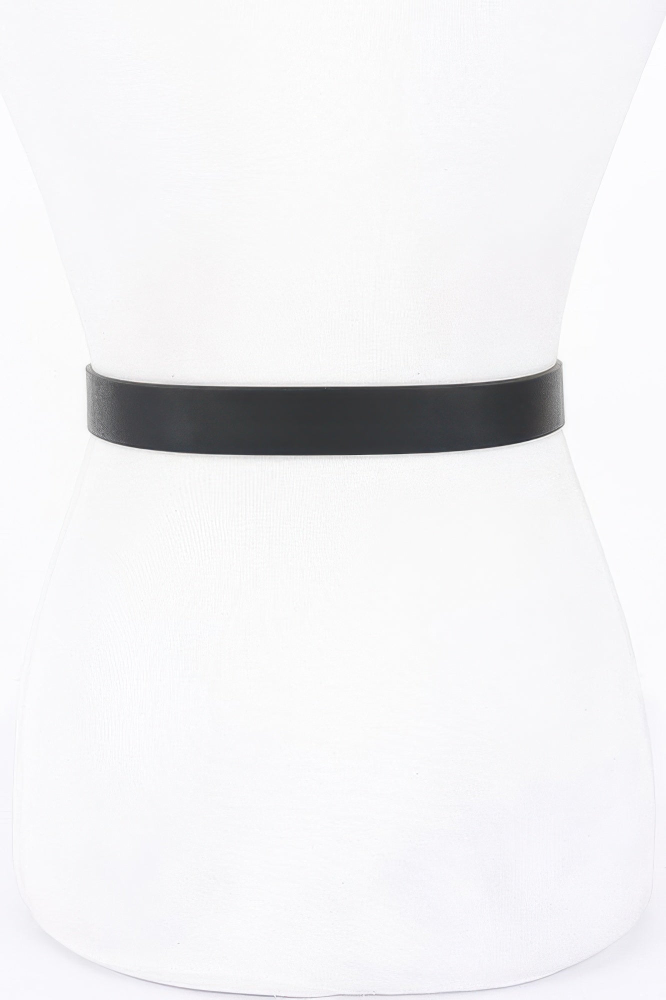 Black faux leather belt strap with punched adjustment holes, no buckle shown