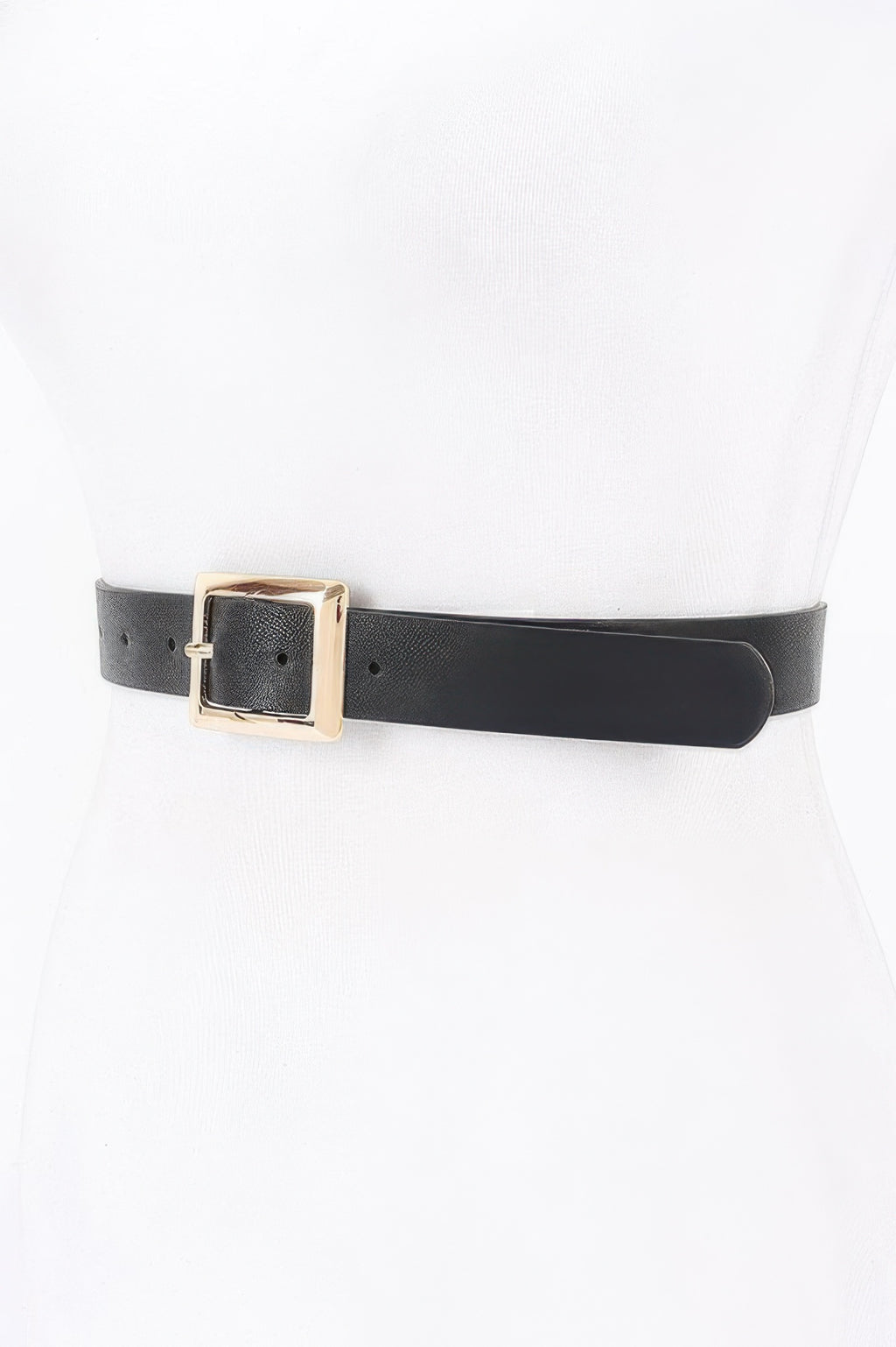 Black faux leather belt with square buckle and gold-tone frame, prong closure