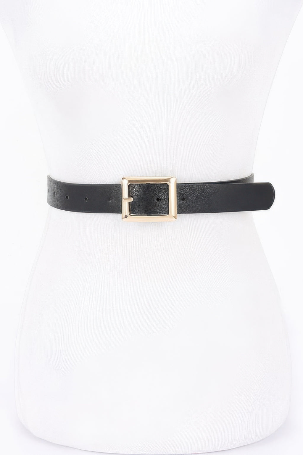 Black faux leather belt with square buckle and gold-tone frame, adjustable strap