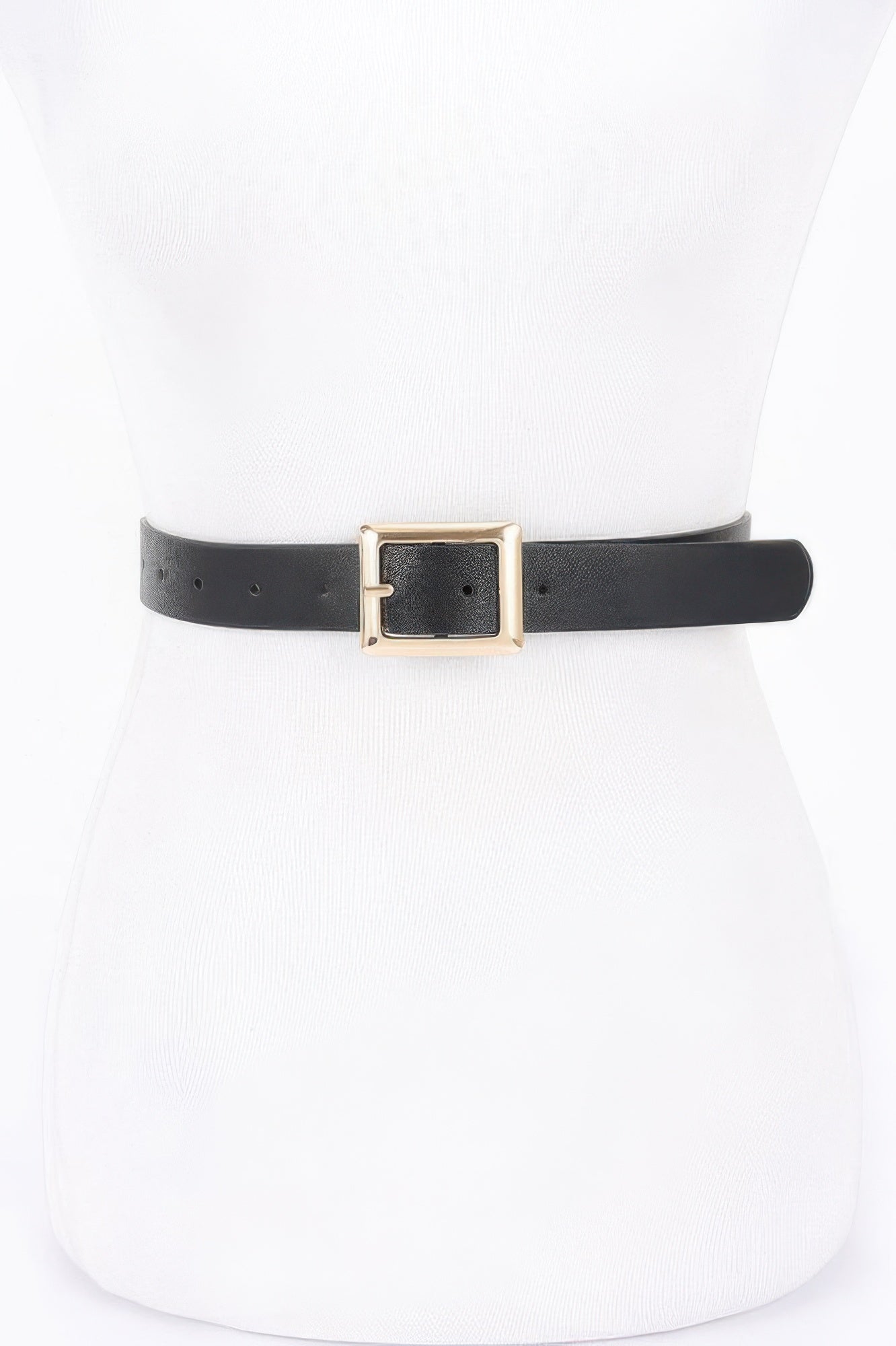Black faux leather belt with square buckle and gold-tone frame, adjustable strap