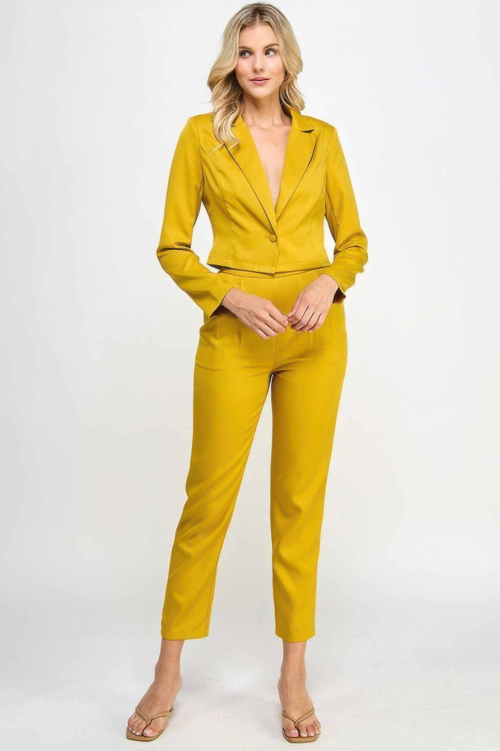 Citron single-button crop blazer set with tailored ankle pants, V-neck