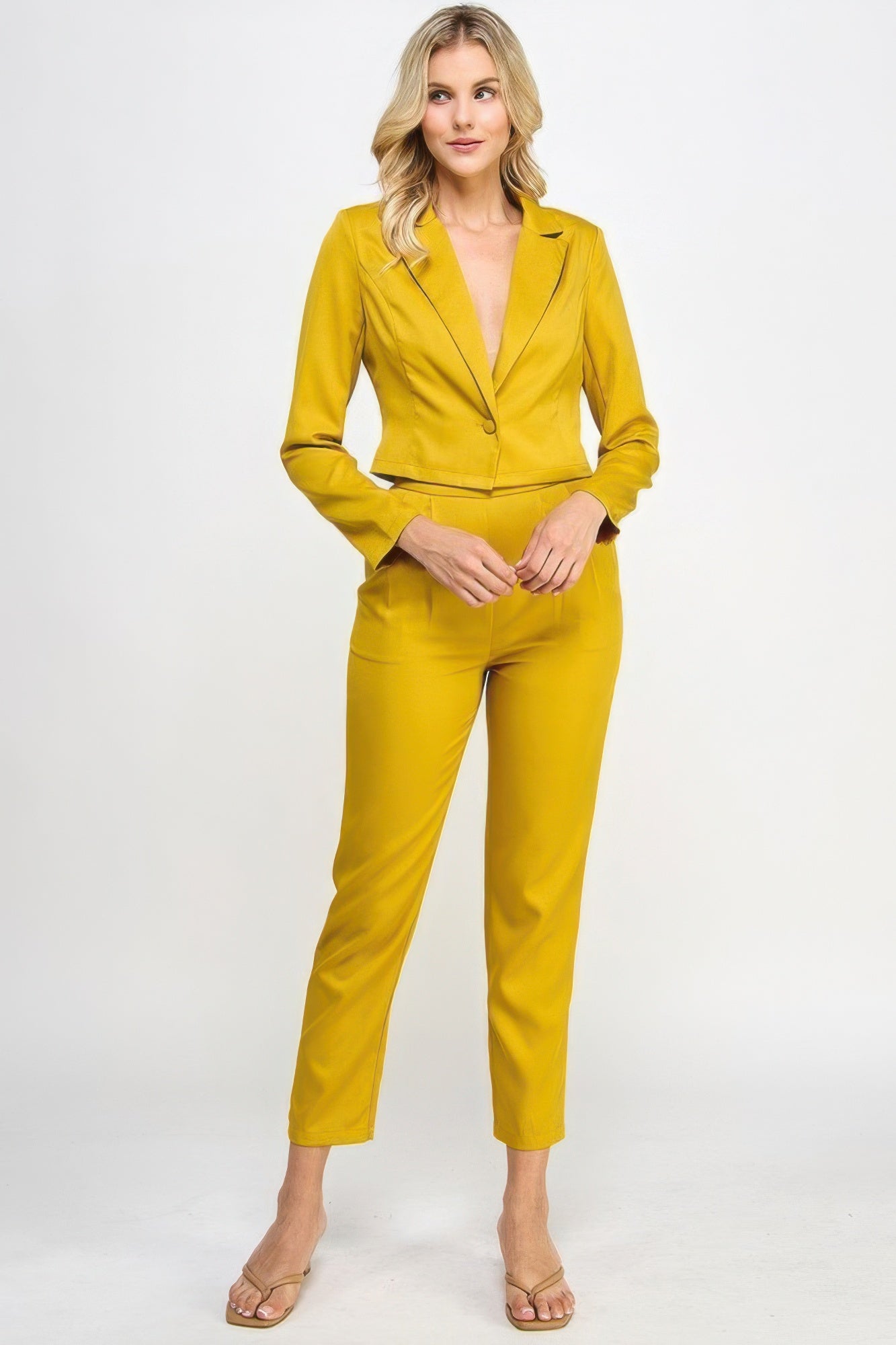 Citron single-button crop blazer set with tailored ankle pants, V-neck