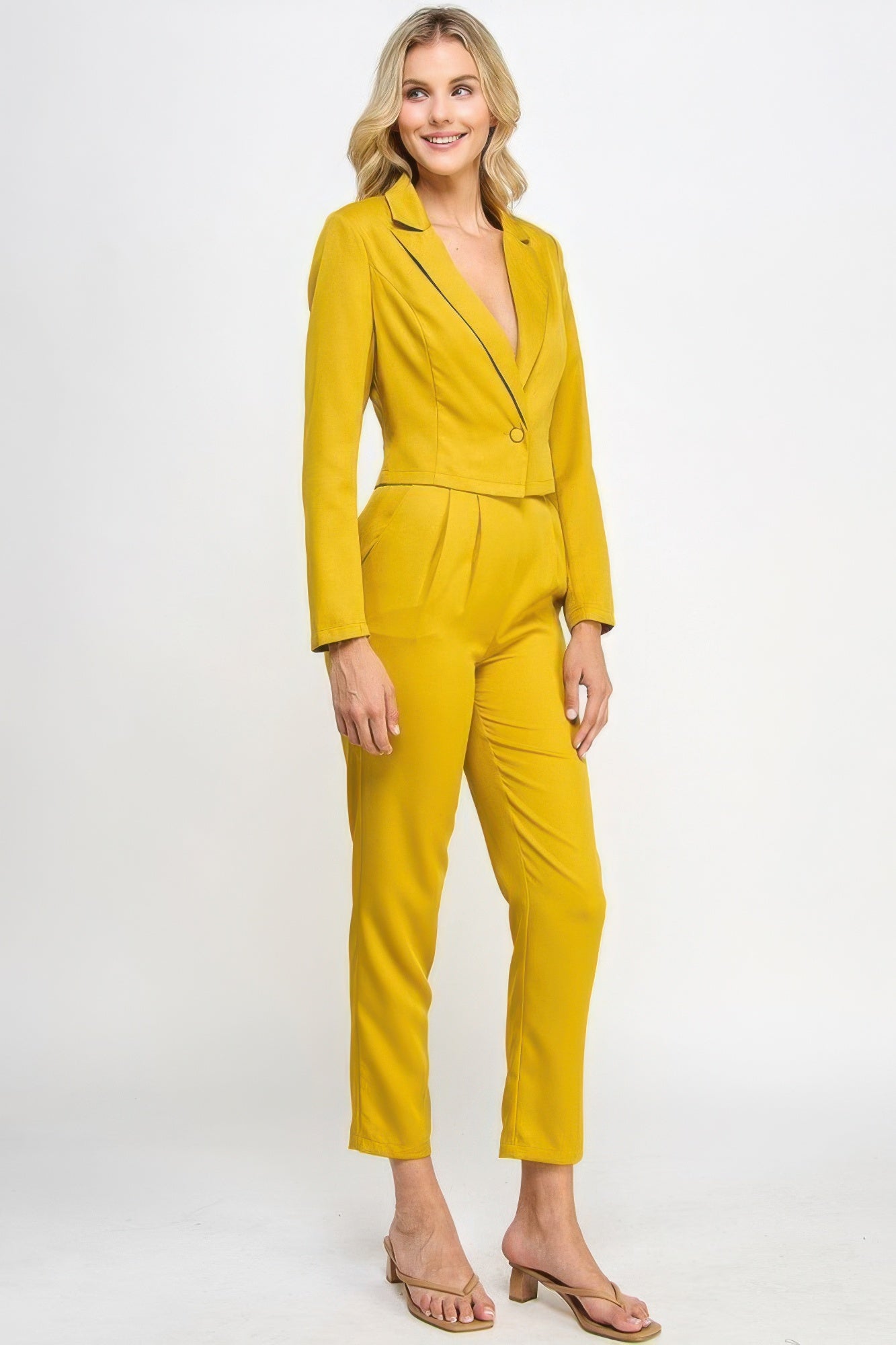 Citron blazer and tailored pants set with waist belt, single button front