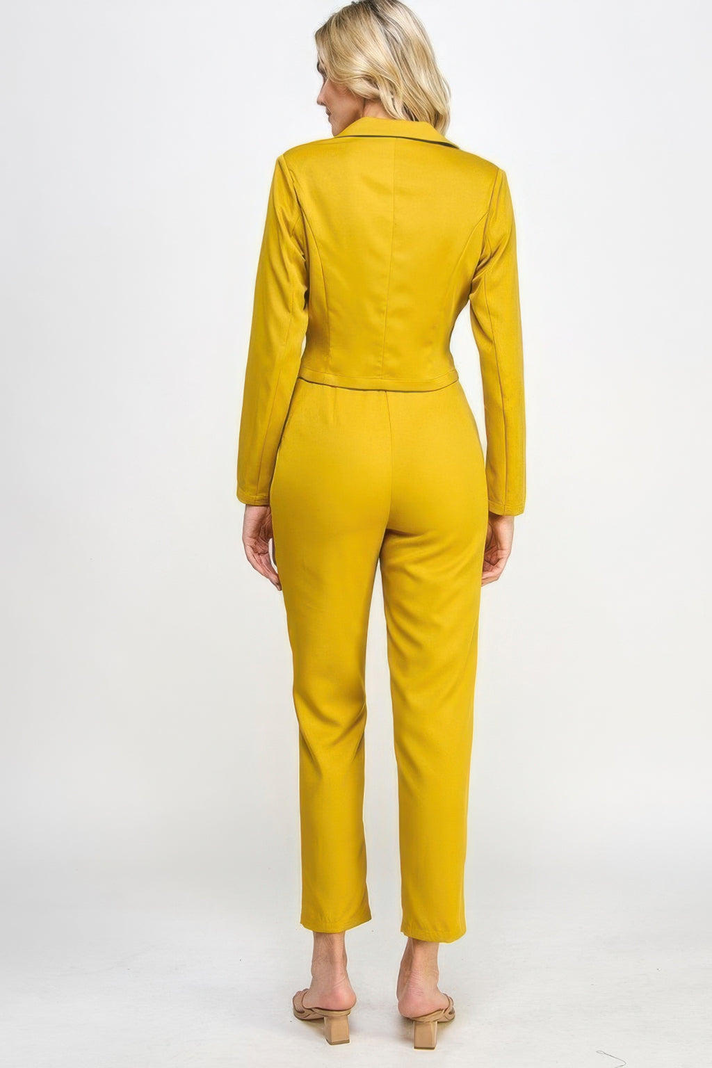 Back view: citron crop blazer and tailored pants set with waist belt