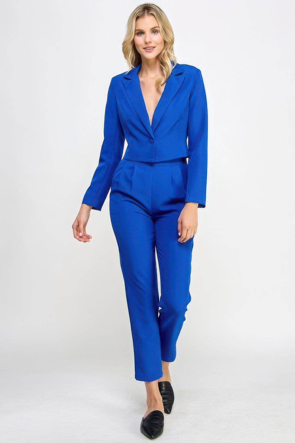 Royal blue single-button crop blazer set with tailored ankle pants