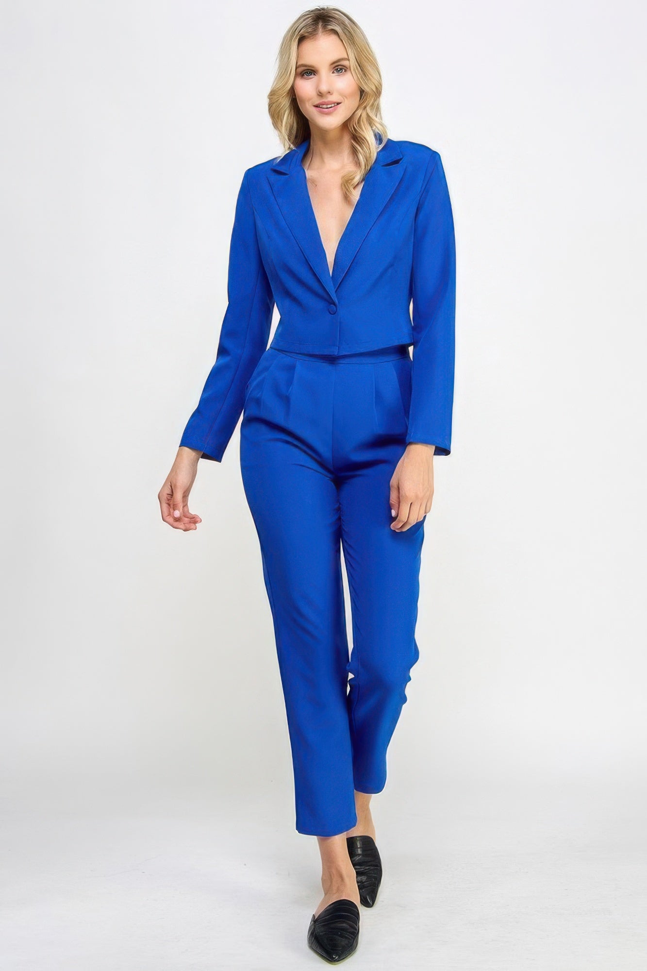 Royal blue single-button crop blazer set with tailored ankle pants