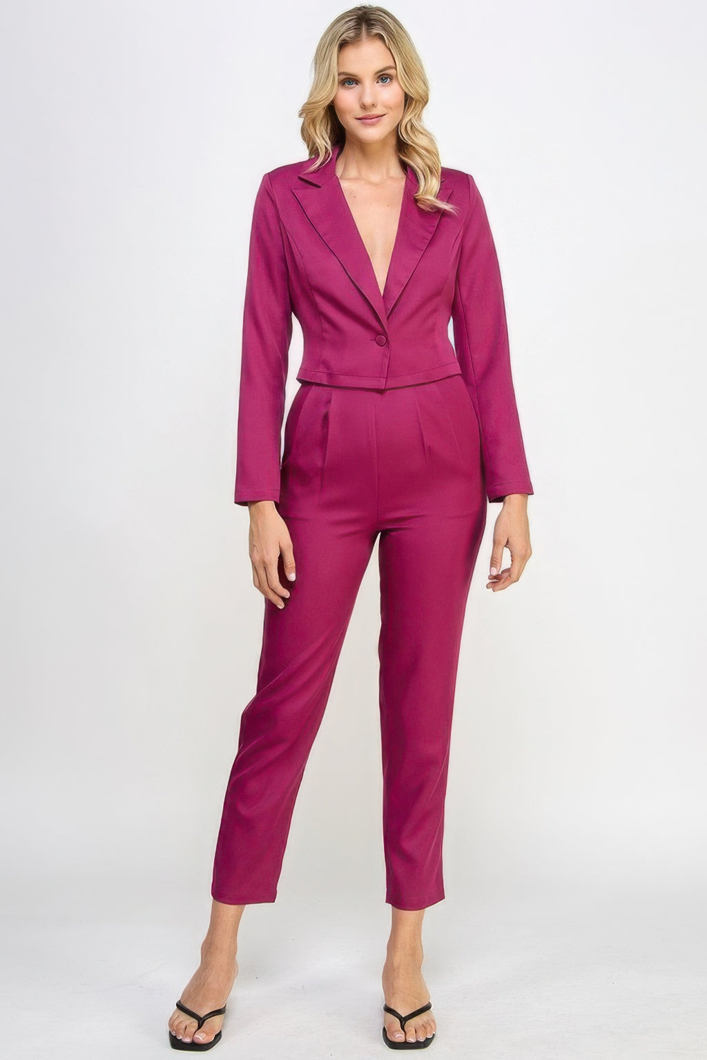 Berry single-button crop blazer set with tailored ankle pants and waist belt
