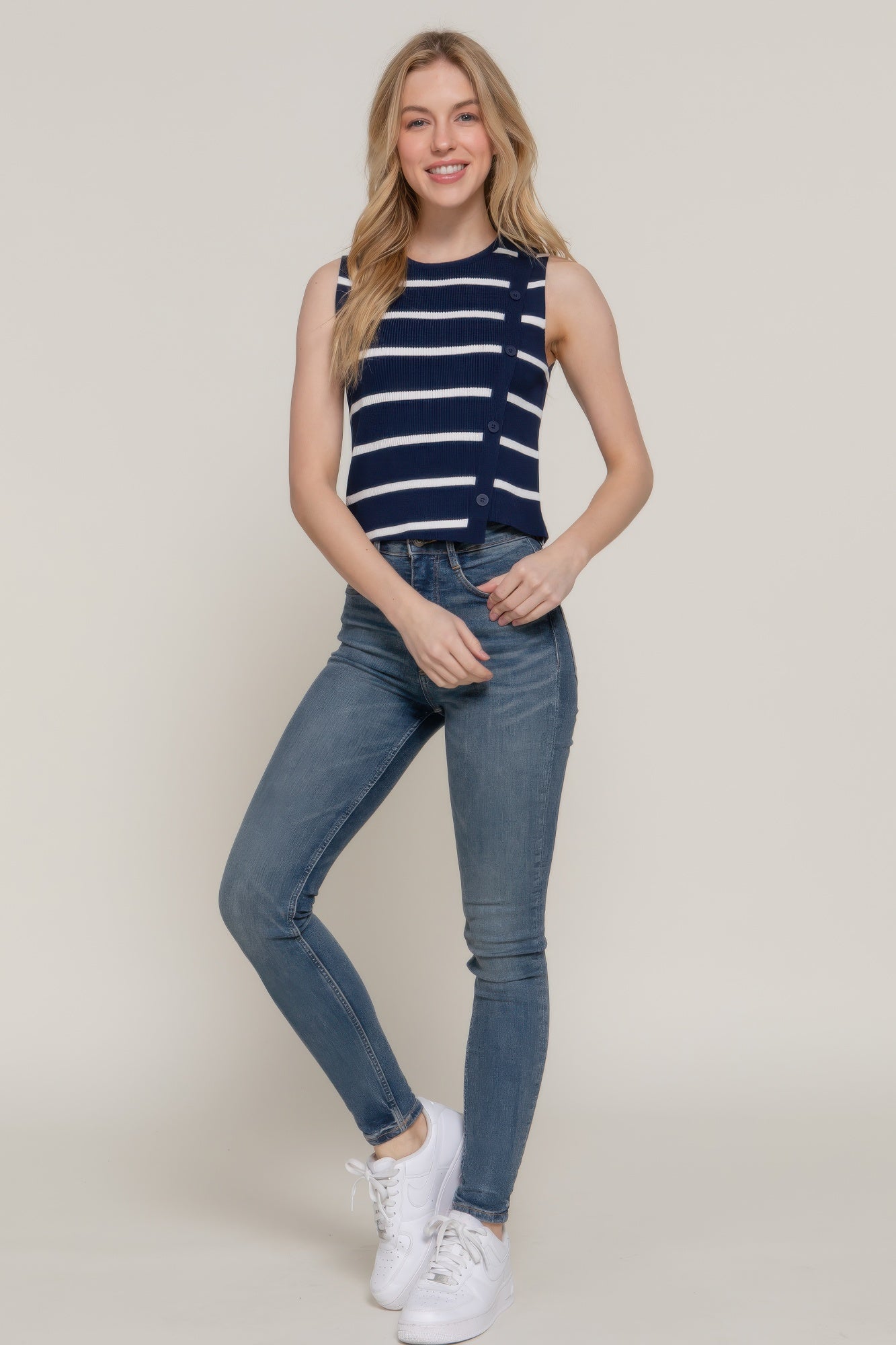 Sleeveless Diagonal Shape Stripe Spring Sweater - Tigbul's Variety Fashion Shop