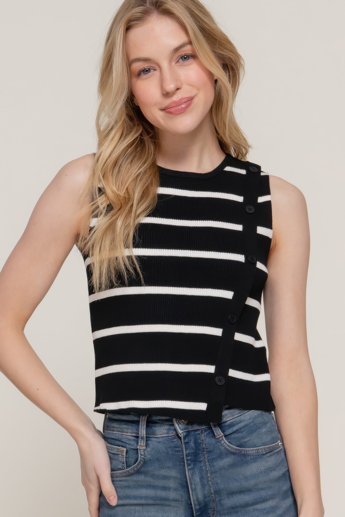 Sleeveless Diagonal Shape Stripe Spring Sweater - Tigbul's Variety Fashion Shop