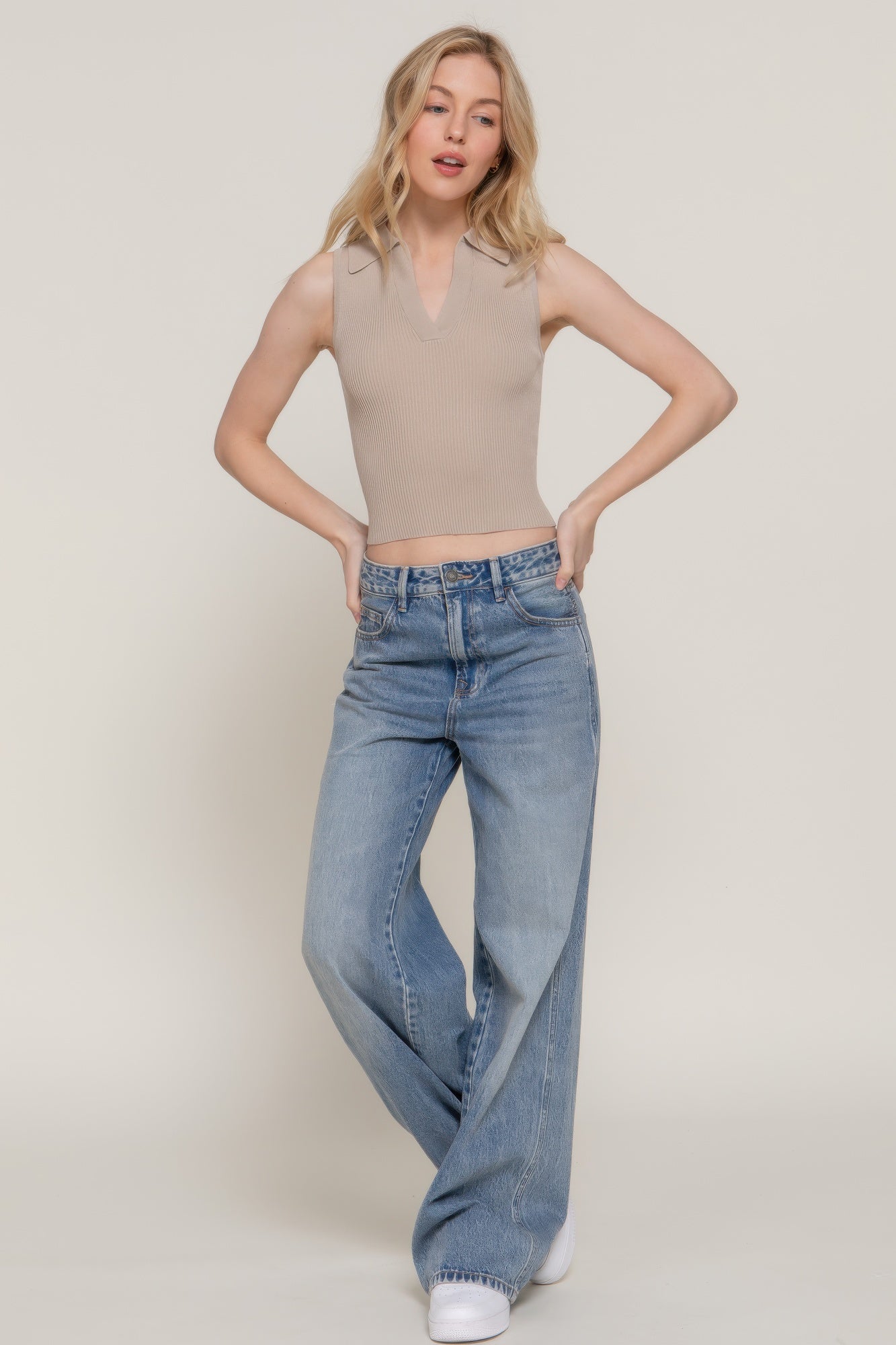Taupe sleeveless polo spring sweater, ribbed knit V-neck collar, cropped length