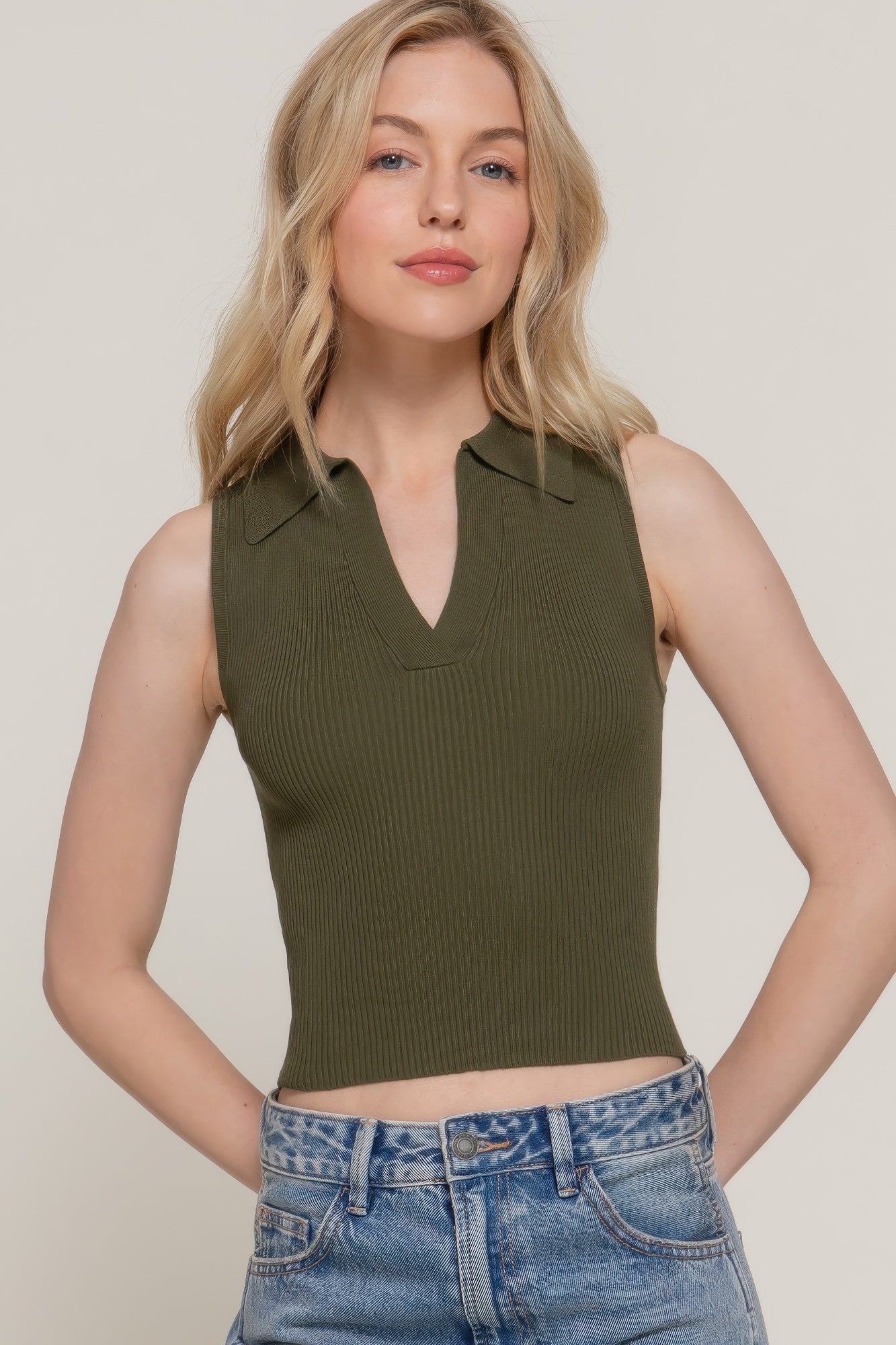 Olive sleeveless polo spring sweater with ribbed knit V-neck collar
