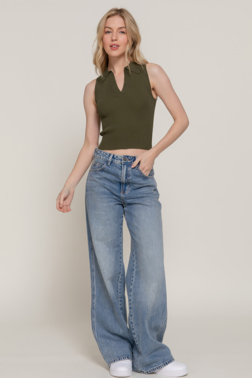 Olive sleeveless polo spring sweater, ribbed knit V-neck collar, cropped length