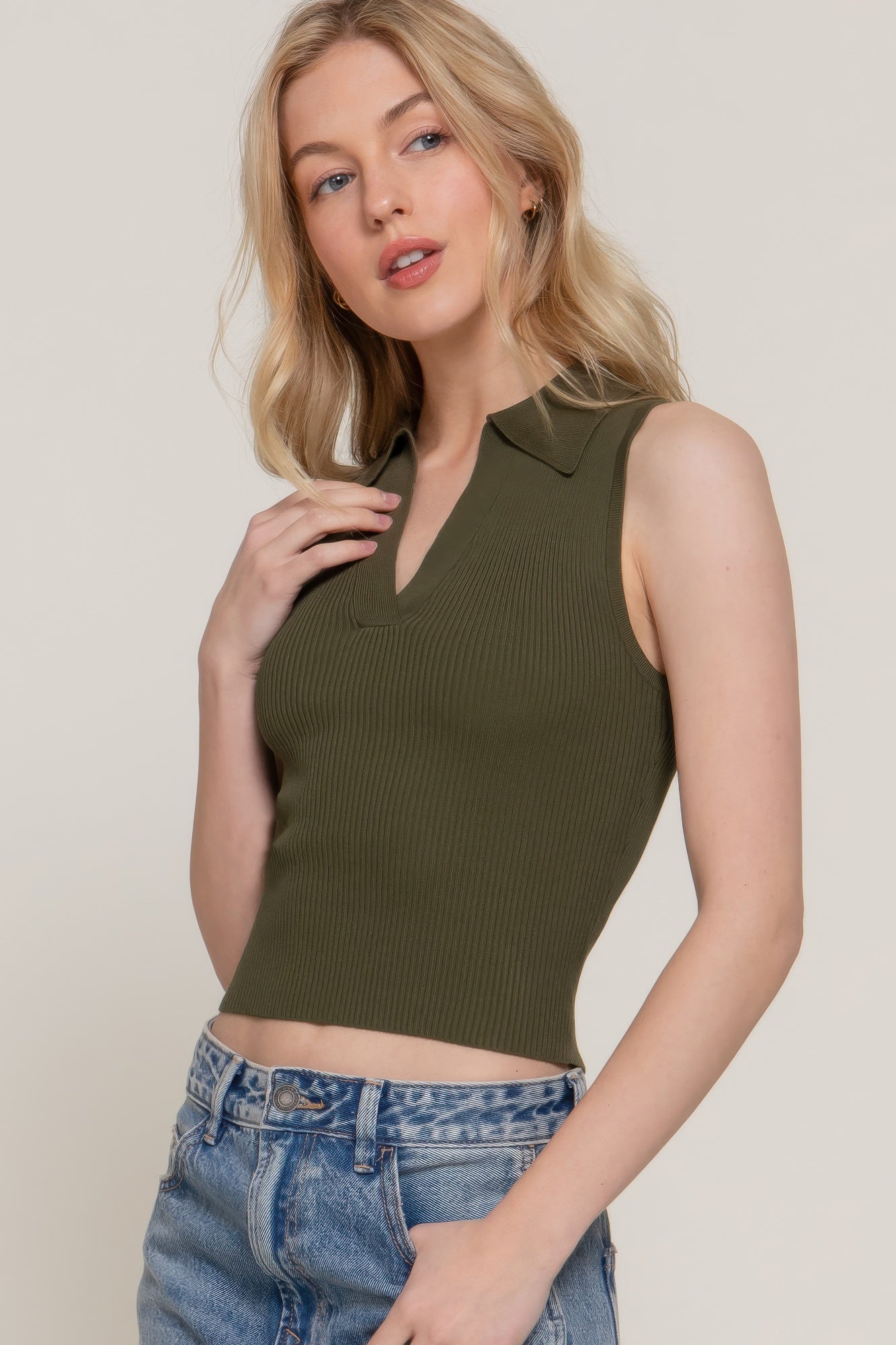 Olive sleeveless polo sweater, ribbed knit tank with collar