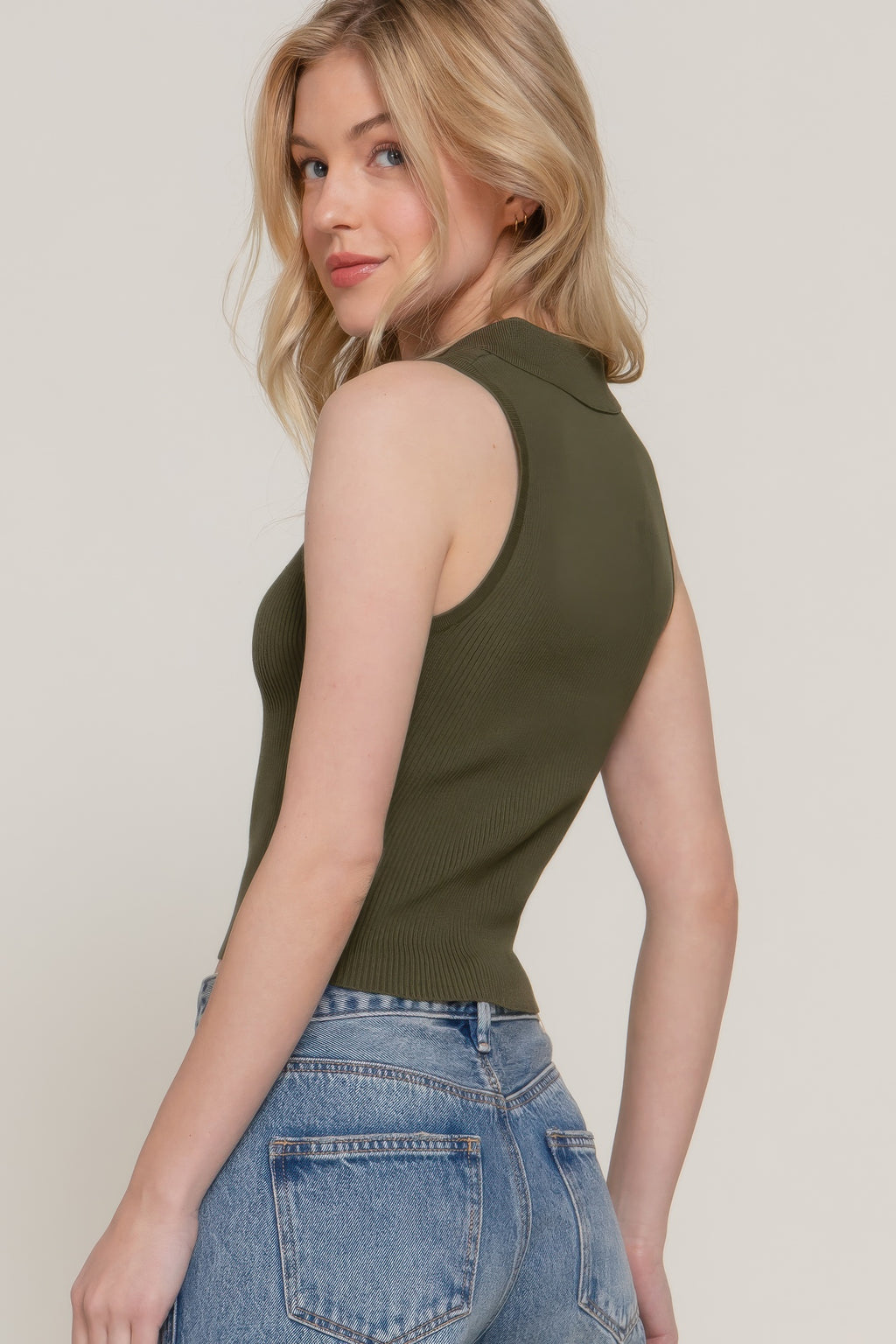 Olive sleeveless polo sweater, ribbed knit texture with side profile