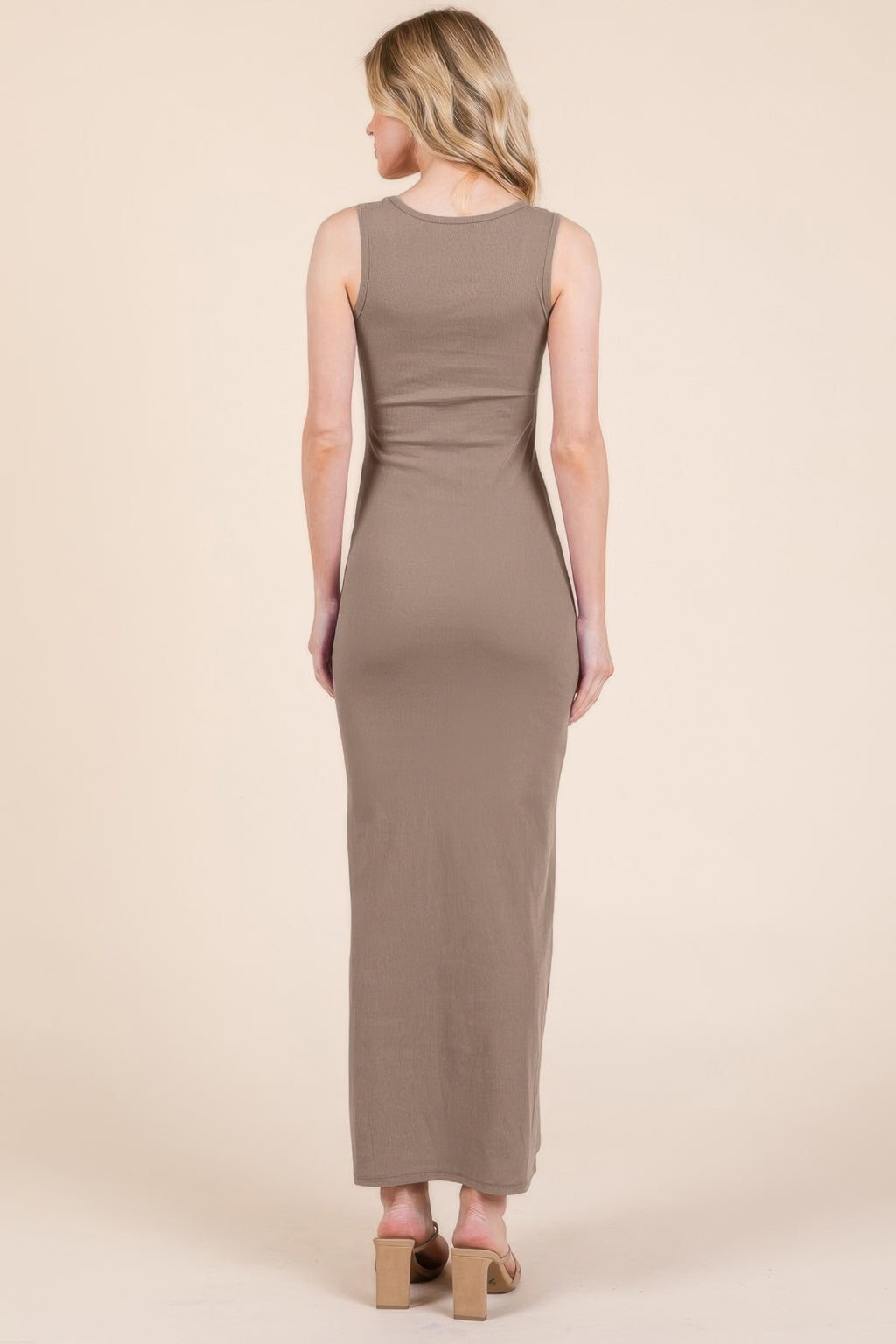 New taupe ribbed maxi dress, sleeveless back view, scoop neckline