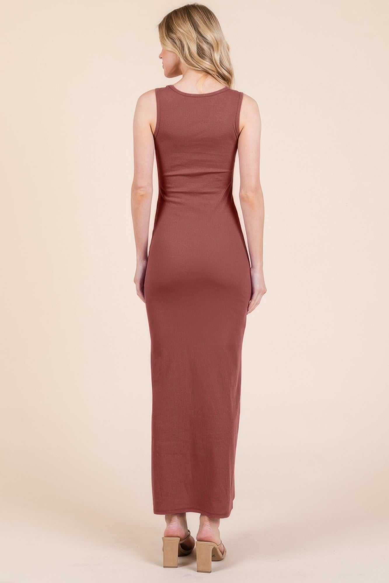 Marsala sleeveless ribbed maxi dress, racer back view, straight hem