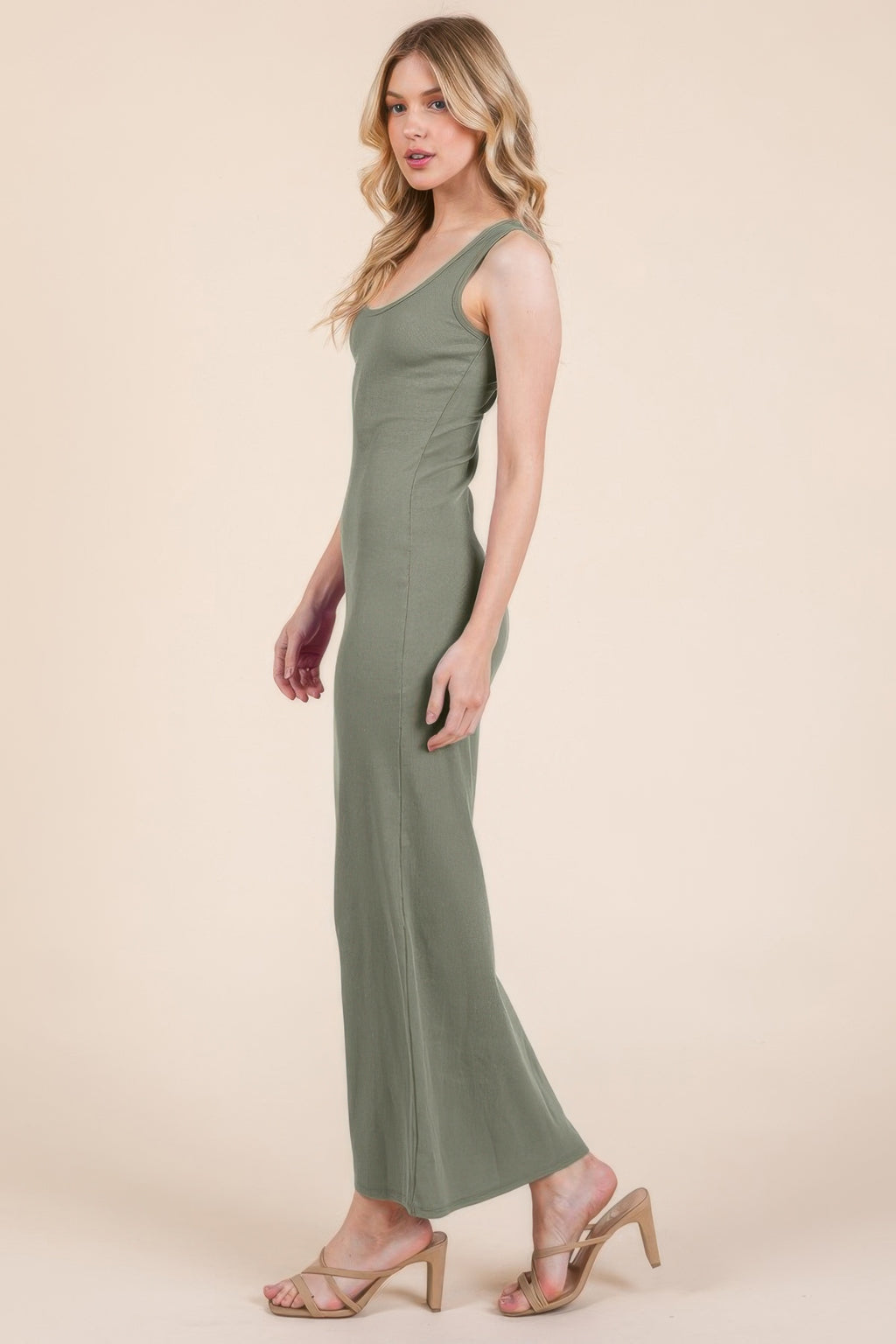 Faded olive sleeveless ribbed maxi dress with scoop neckline, side view