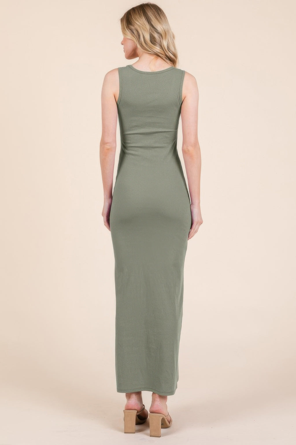 Faded olive sleeveless ribbed maxi dress, racer back, long straight maxi length