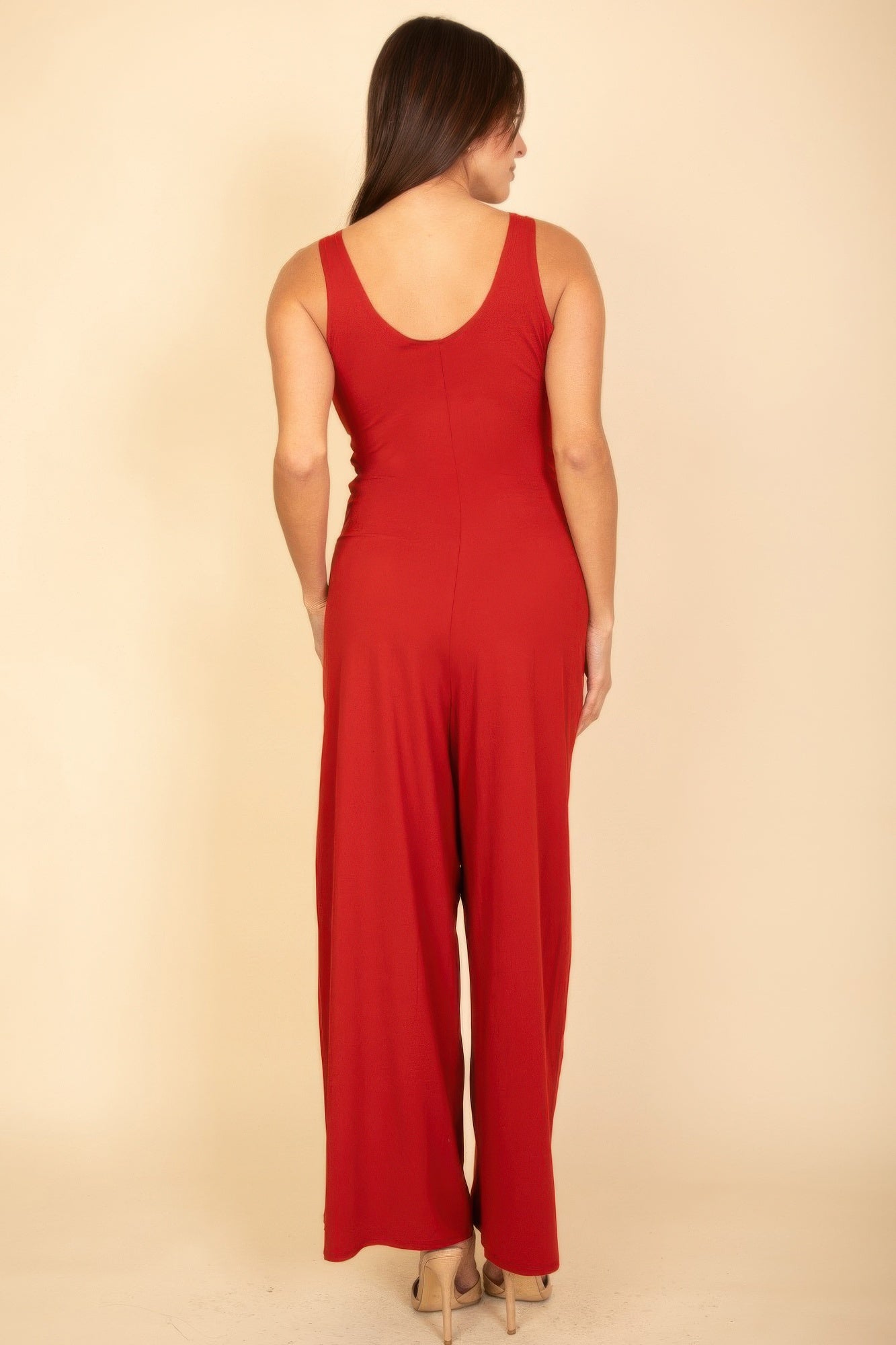 Red sleeveless wide-leg jumpsuit, back view with scoop back