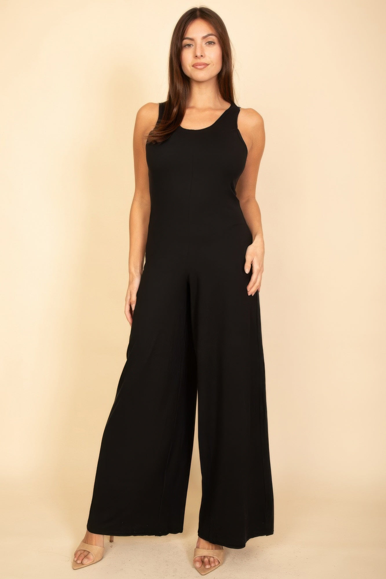 Black sleeveless tank jumpsuit with wide-leg pants and scoop neckline