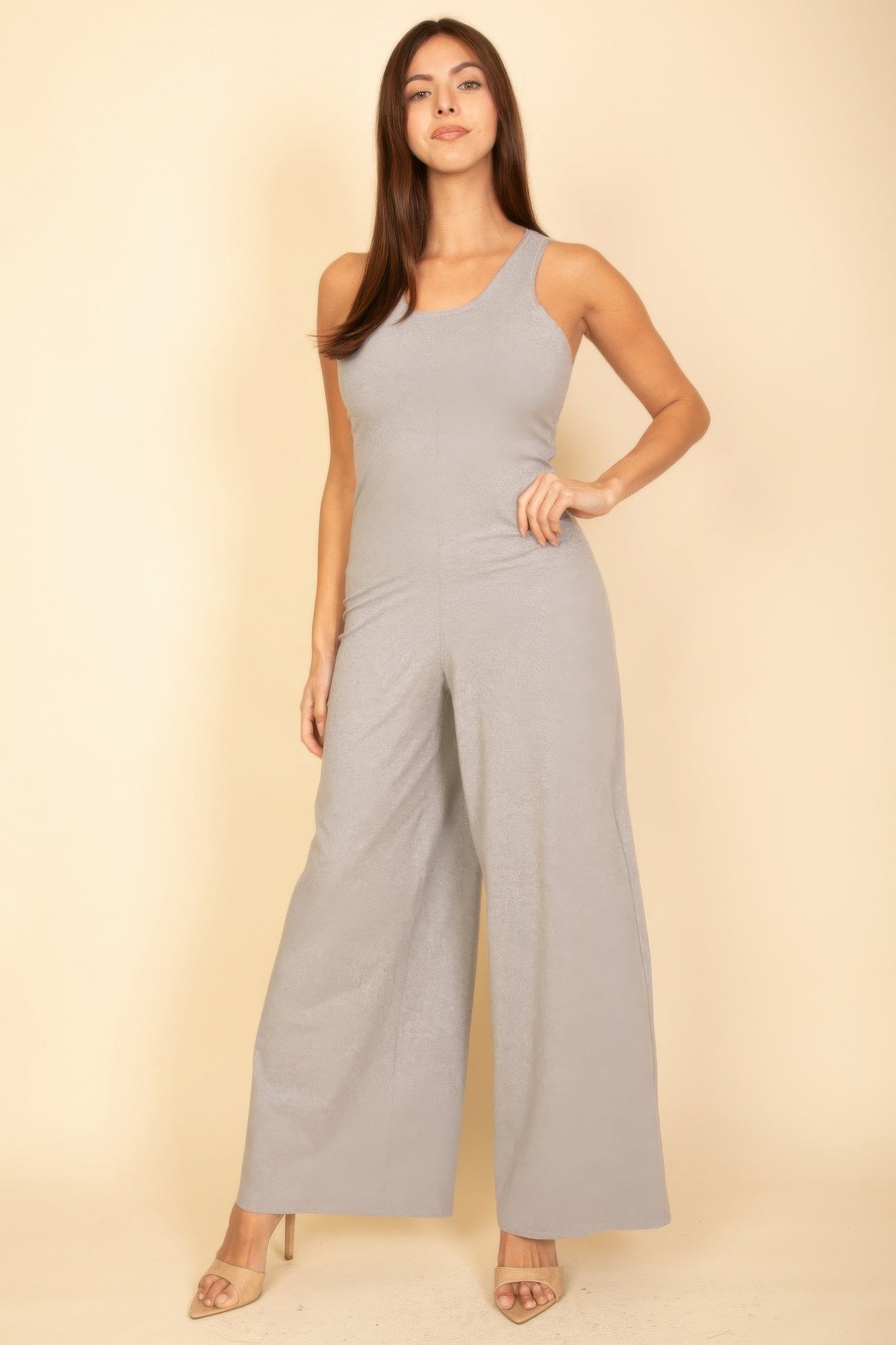 Heather gray sleeveless tank jumpsuit with wide flared legs and scoop neck