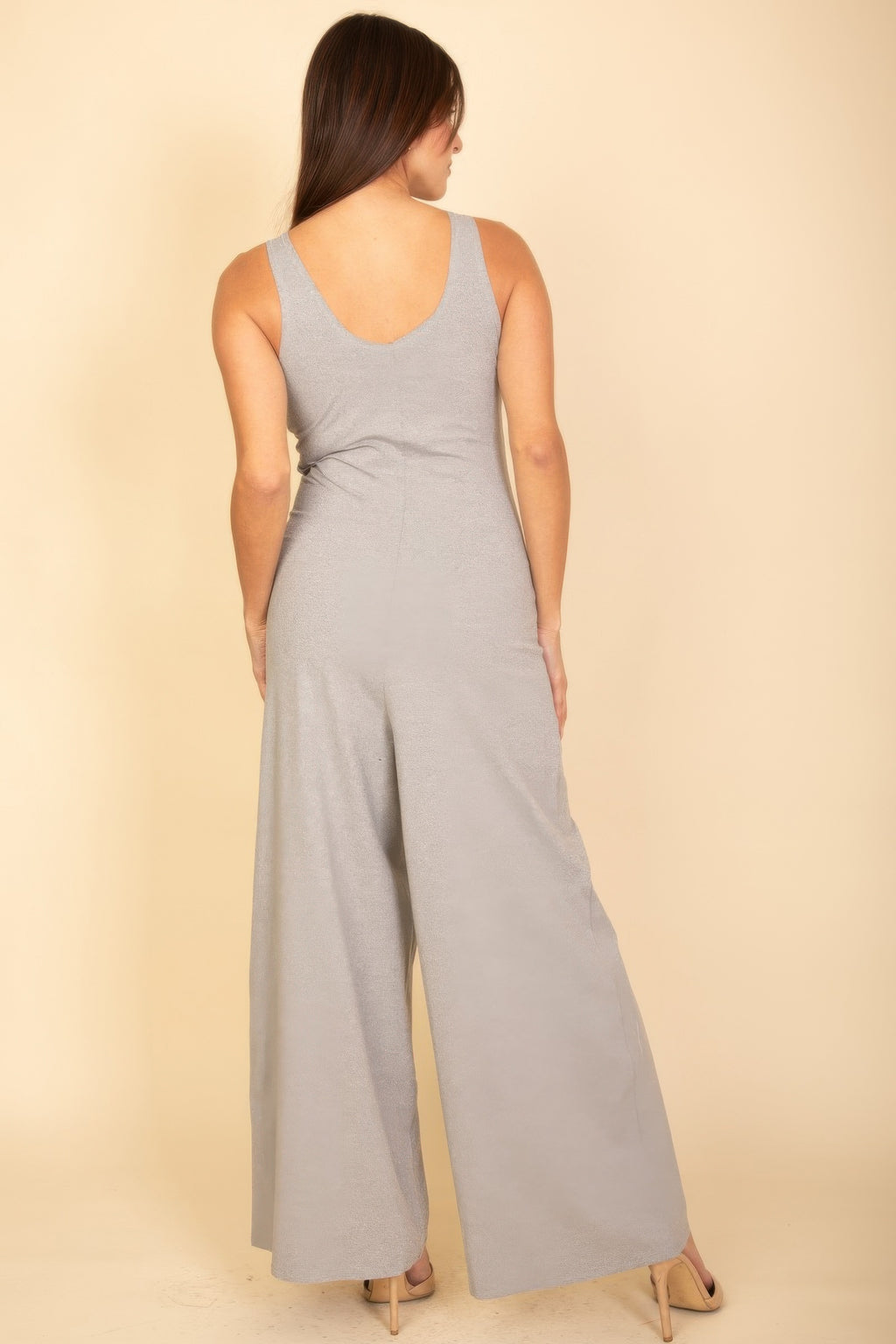 Heather gray sleeveless tank wide-leg jumpsuit, back view with scoop back