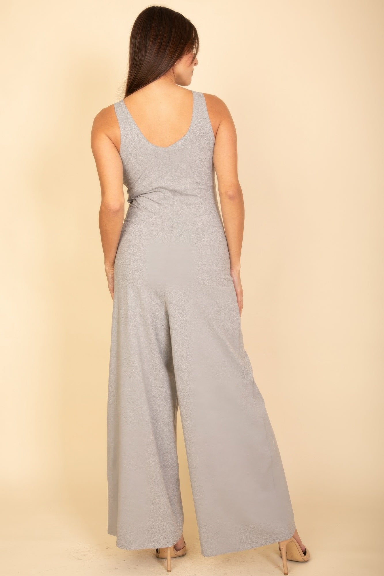 Heather gray sleeveless tank wide-leg jumpsuit, back view with scoop back