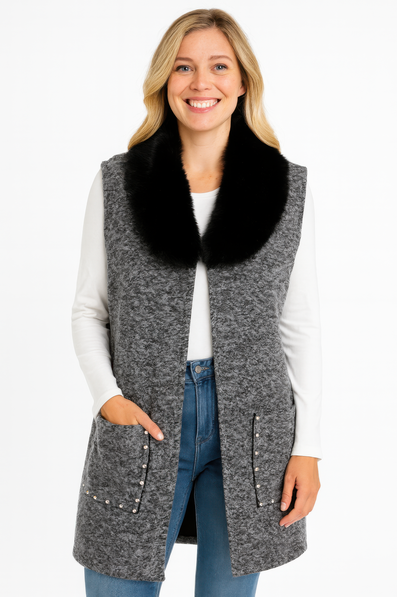 Gray sleeveless wool-blend vest, black faux fur collar, studded flap pockets