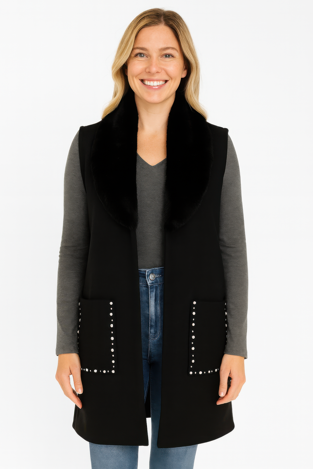 Sleeveless wool-blend vest with faux fur collar, studded pocket details