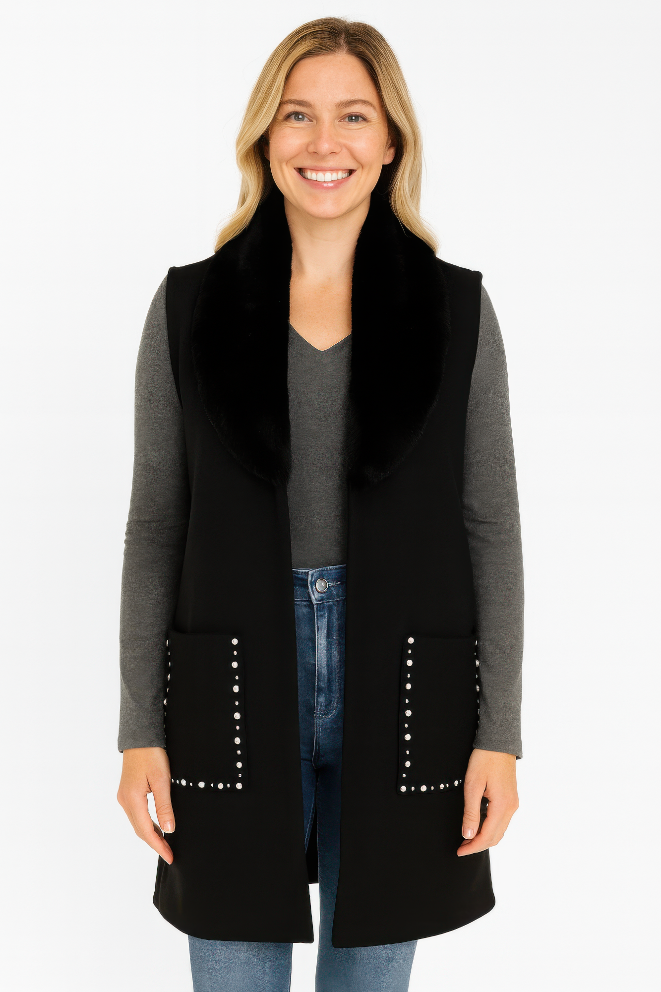 Sleeveless wool-blend vest with faux fur collar, studded pocket details