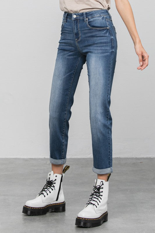 Dark slim boyfriend jeans, mid-rise with button and zipper front, straight leg.