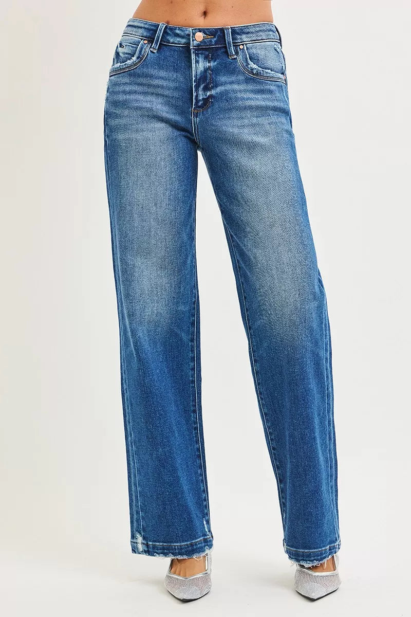 Baggy blue jeans front view with relaxed fit and cuffed hem