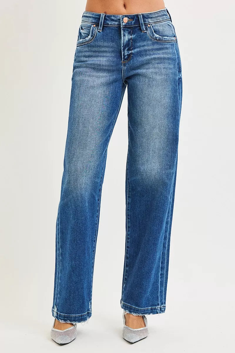 Baggy blue jeans front view with worn-in wash and wide straight legs