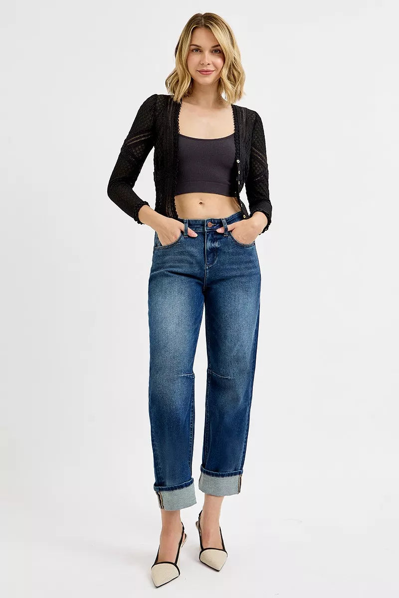 Slouchy dark blue cropped barrel jeans with cuffed hem, button fly, front pockets