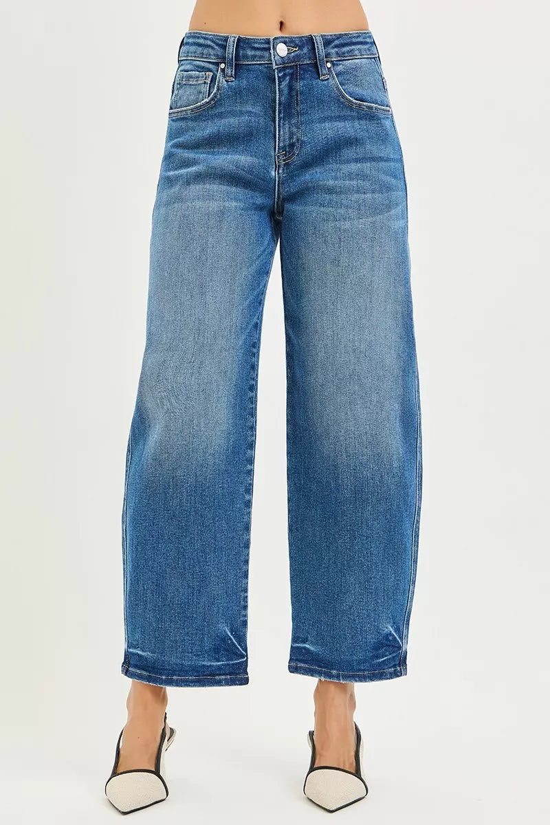 Medium blue slouchy cropped barrel jeans with front pockets and belt loops