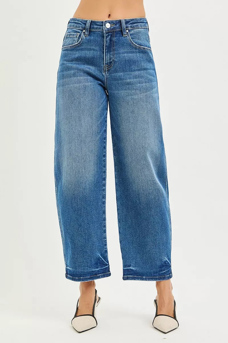 Medium blue barrel jeans, cuffed cropped hem, straight relaxed fit