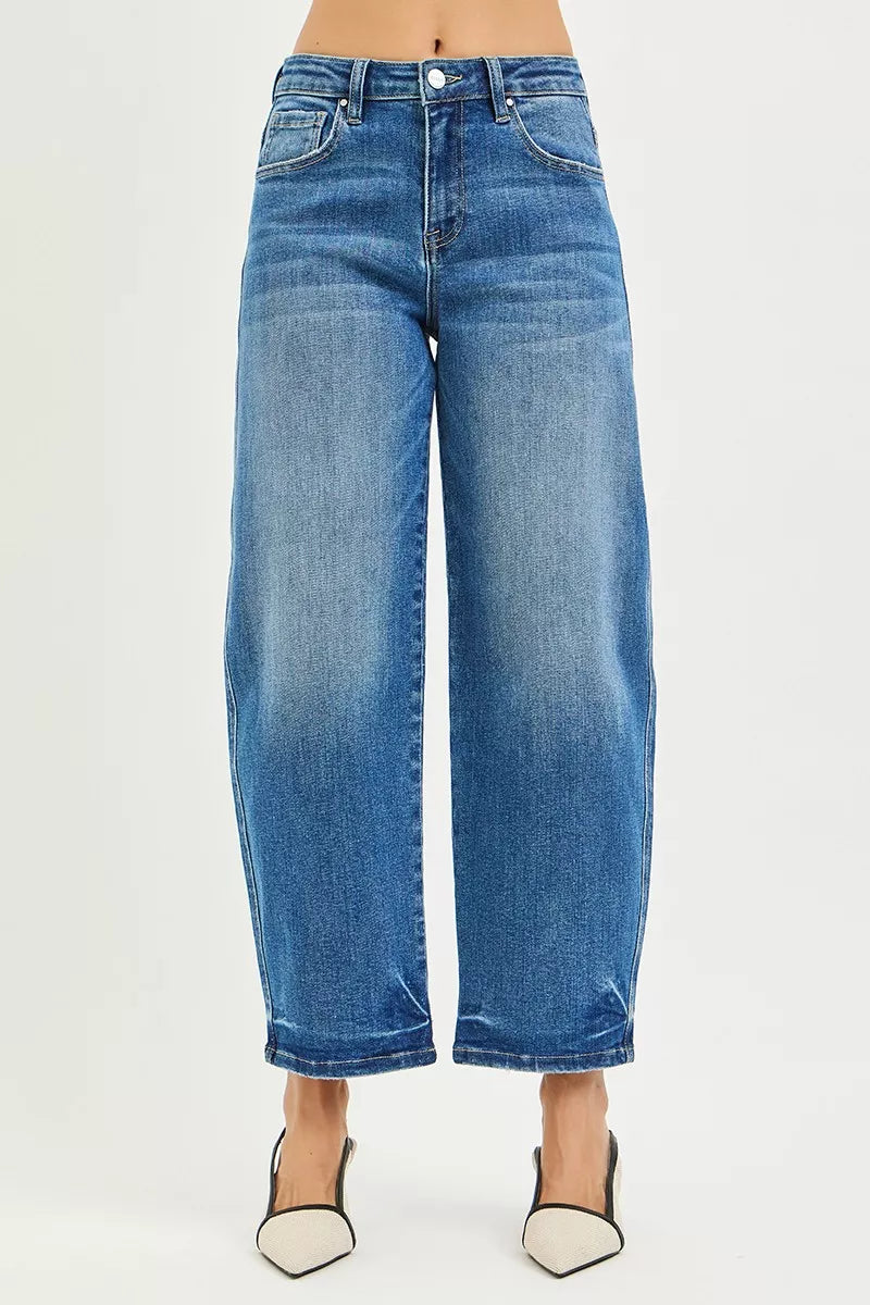 Medium blue slouchy cropped barrel jeans, back view with yoke seams