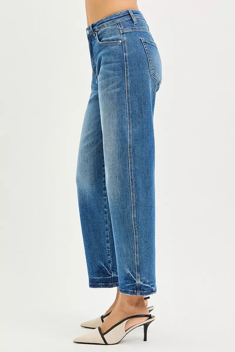 Medium blue side view slouchy cropped barrel jeans with front seam detail