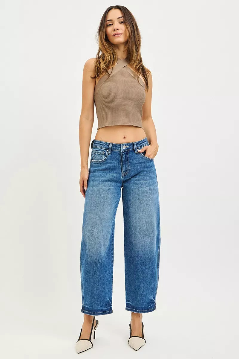 Trendsi medium blue barrel jeans, slouchy cropped wide-leg fit