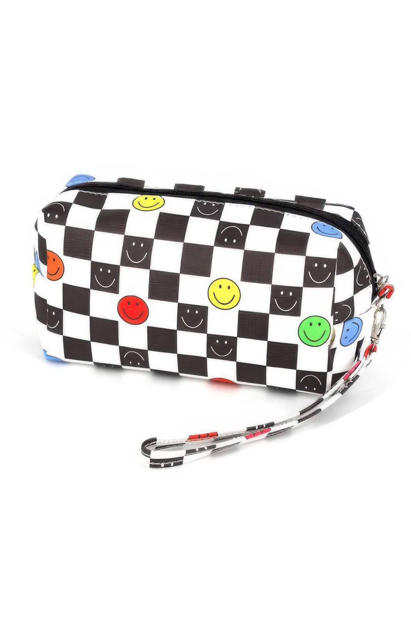 Black checkered smiley-face wristlet pouch with zip and wrist strap