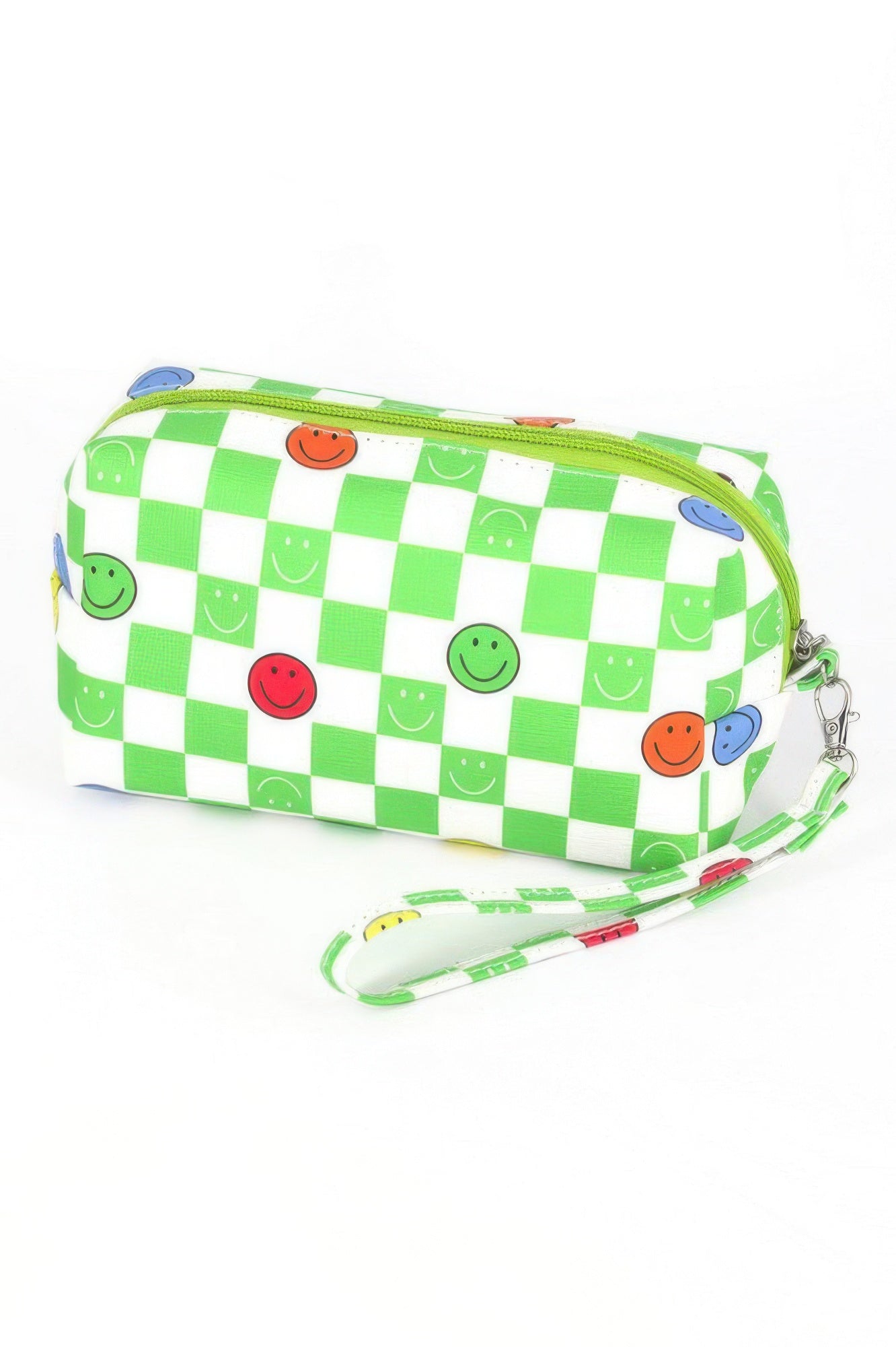 Green checkered smiley-face wristlet pouch, zip closure, wrist strap