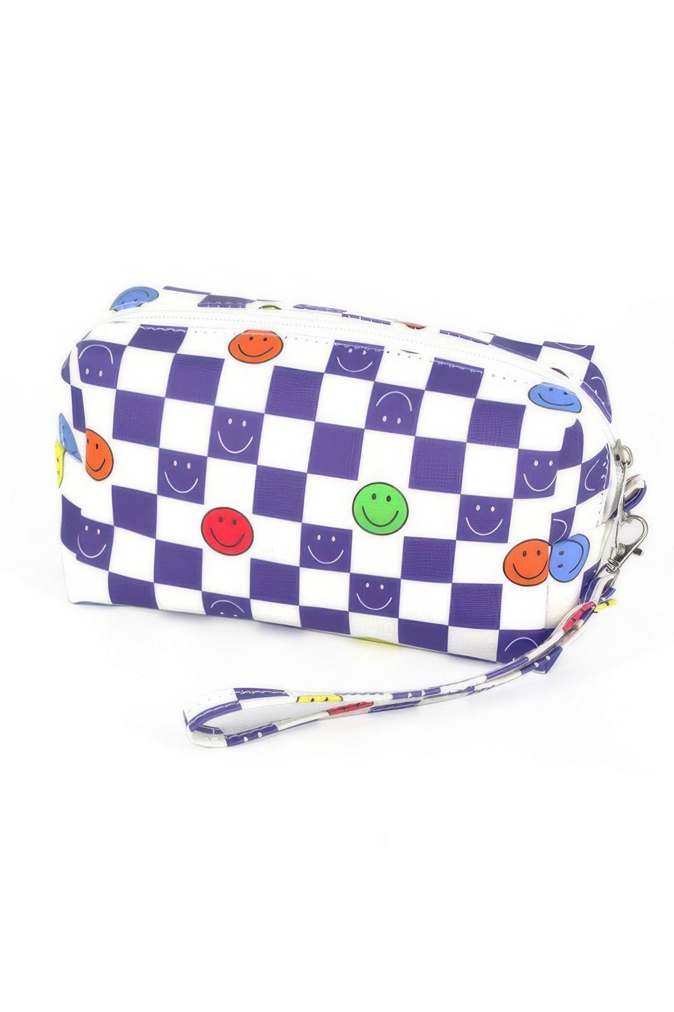 Purple checkered smiley-face wristlet pouch with zip and crossbody strap